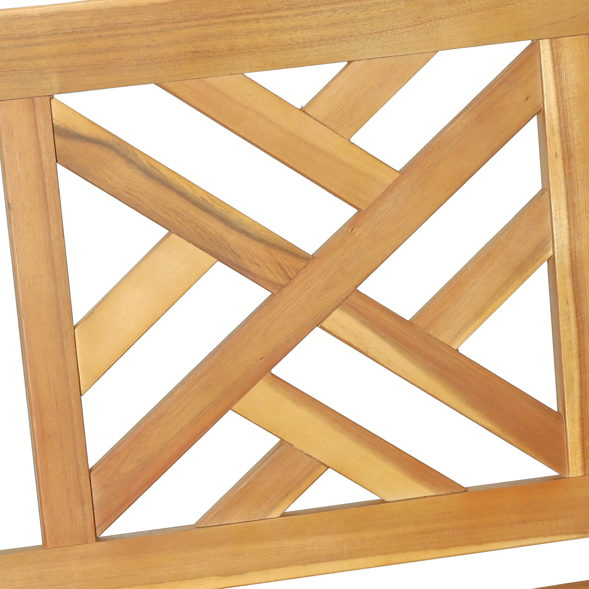 Natural wood outdoor bench detail with lattice back design in light brown