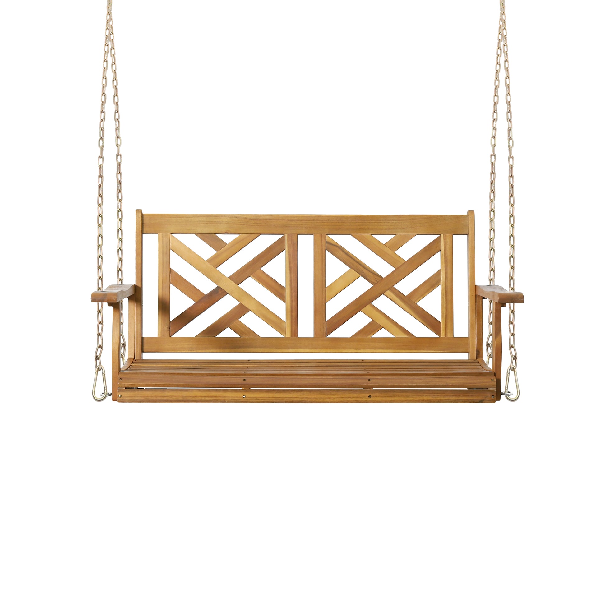 Wooden garden swing bench with intricate lattice backrest and sturdy metal chains
