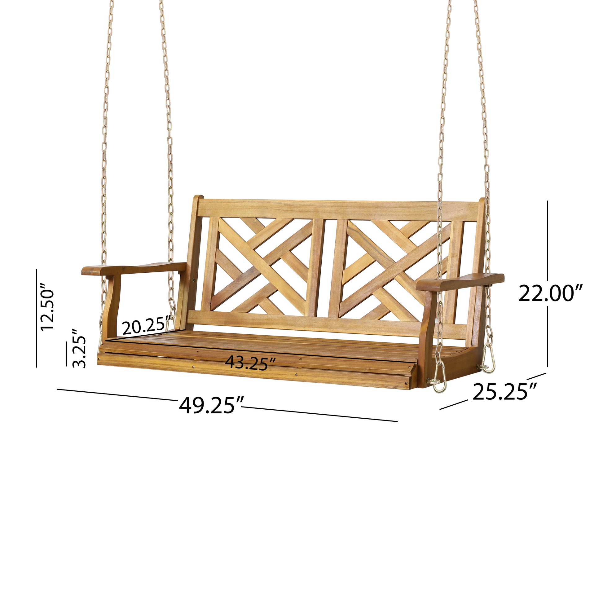 Natural wood porch swing with geometric backrest and armrests perfect for outdoor relaxation