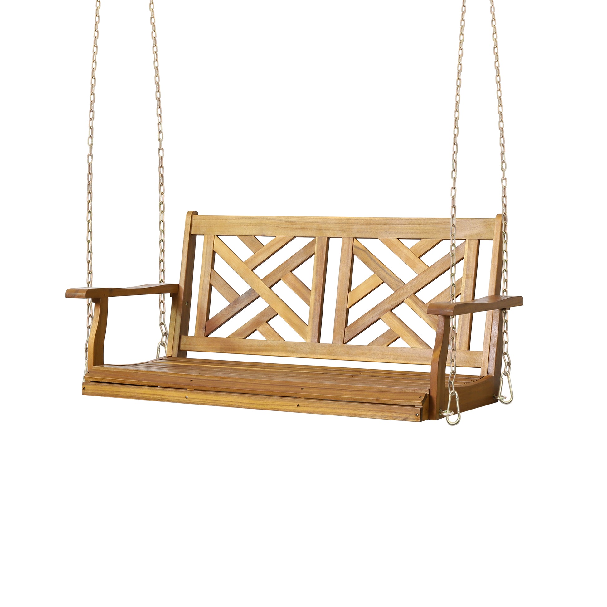 Natural wood porch swing with diamondpatterned back and chain suspension perfect for outdoor relaxation