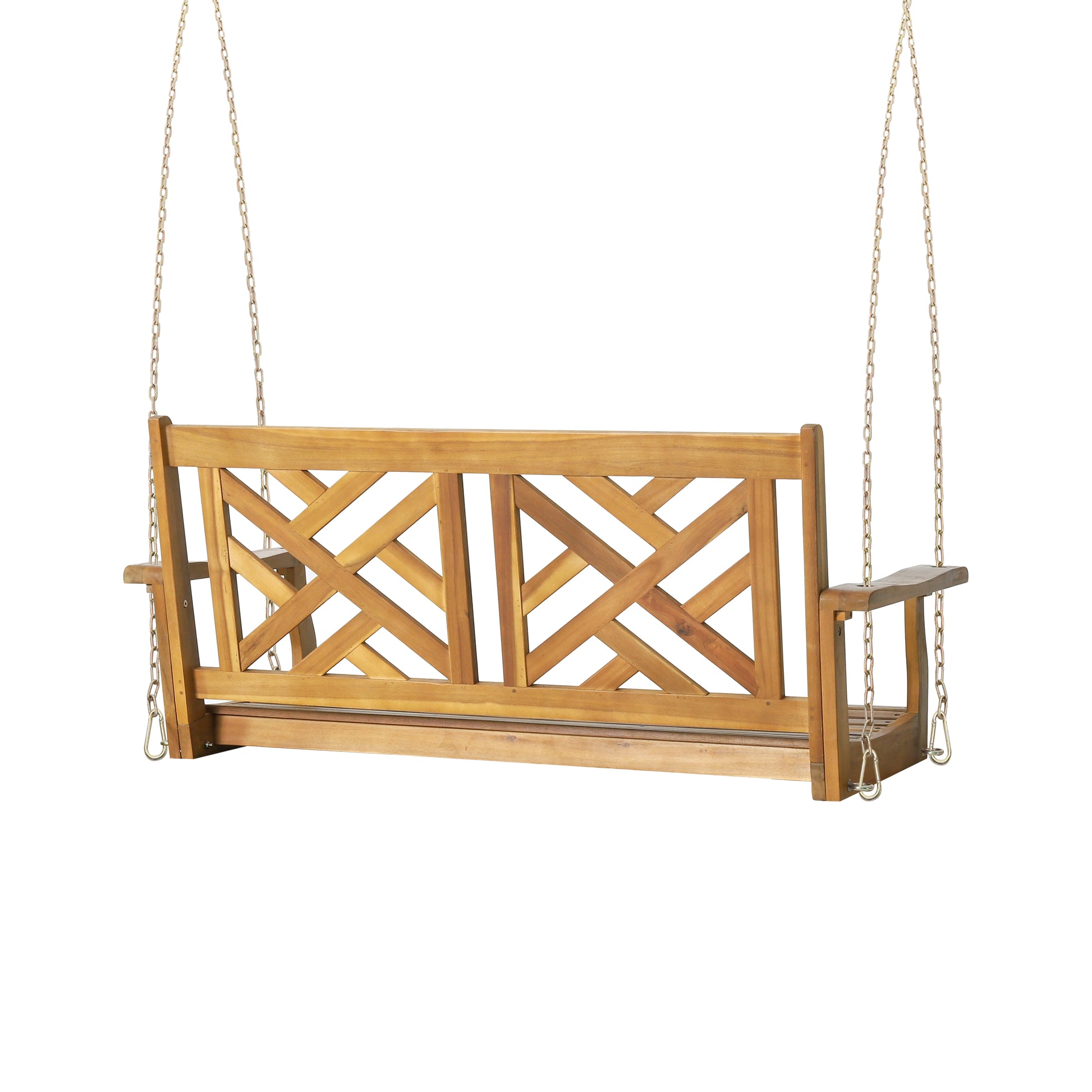 Wooden garden swing seat with lattice back design and metal chains for outdoor relaxation