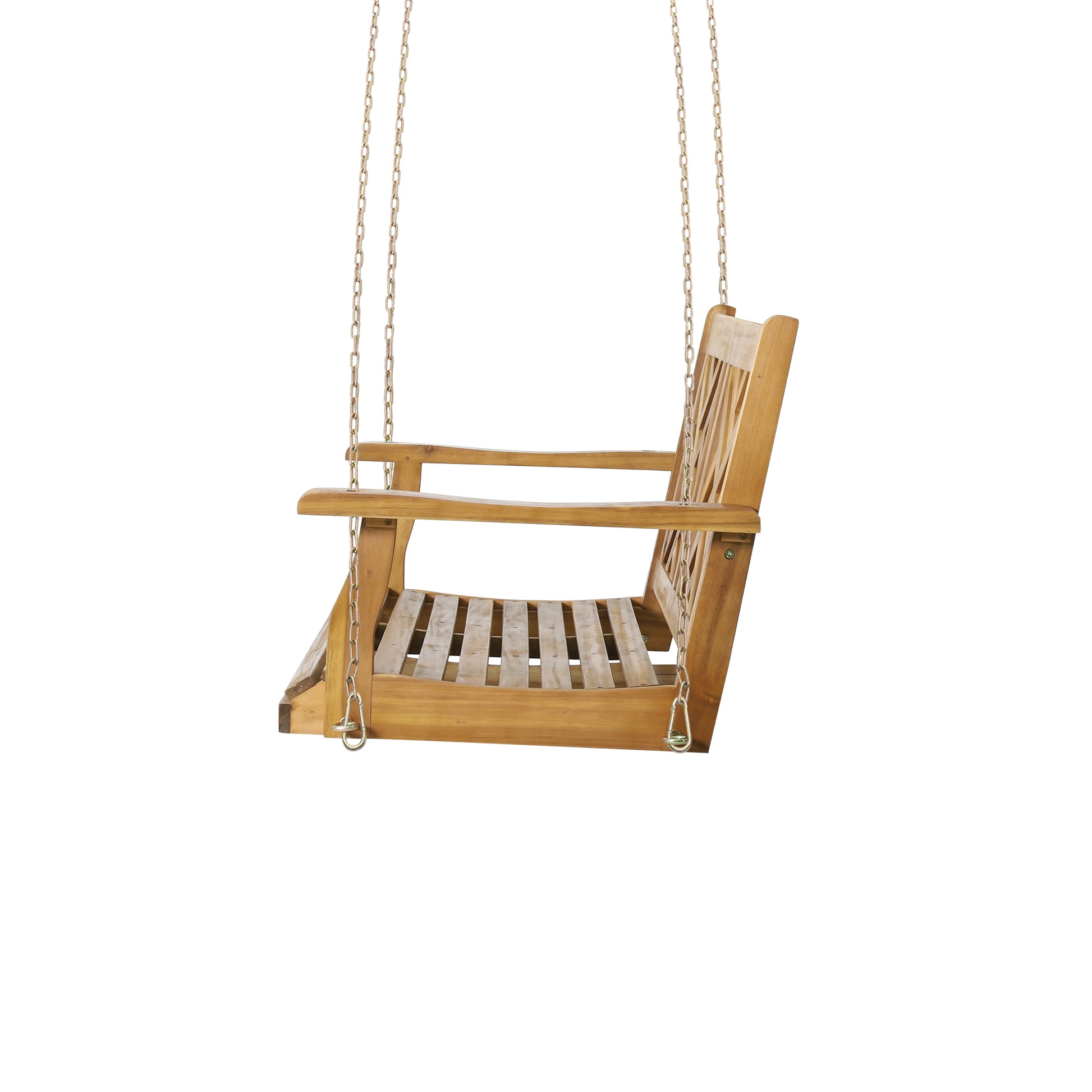 Wooden porch swing with slat seat and armrests suspended by chains