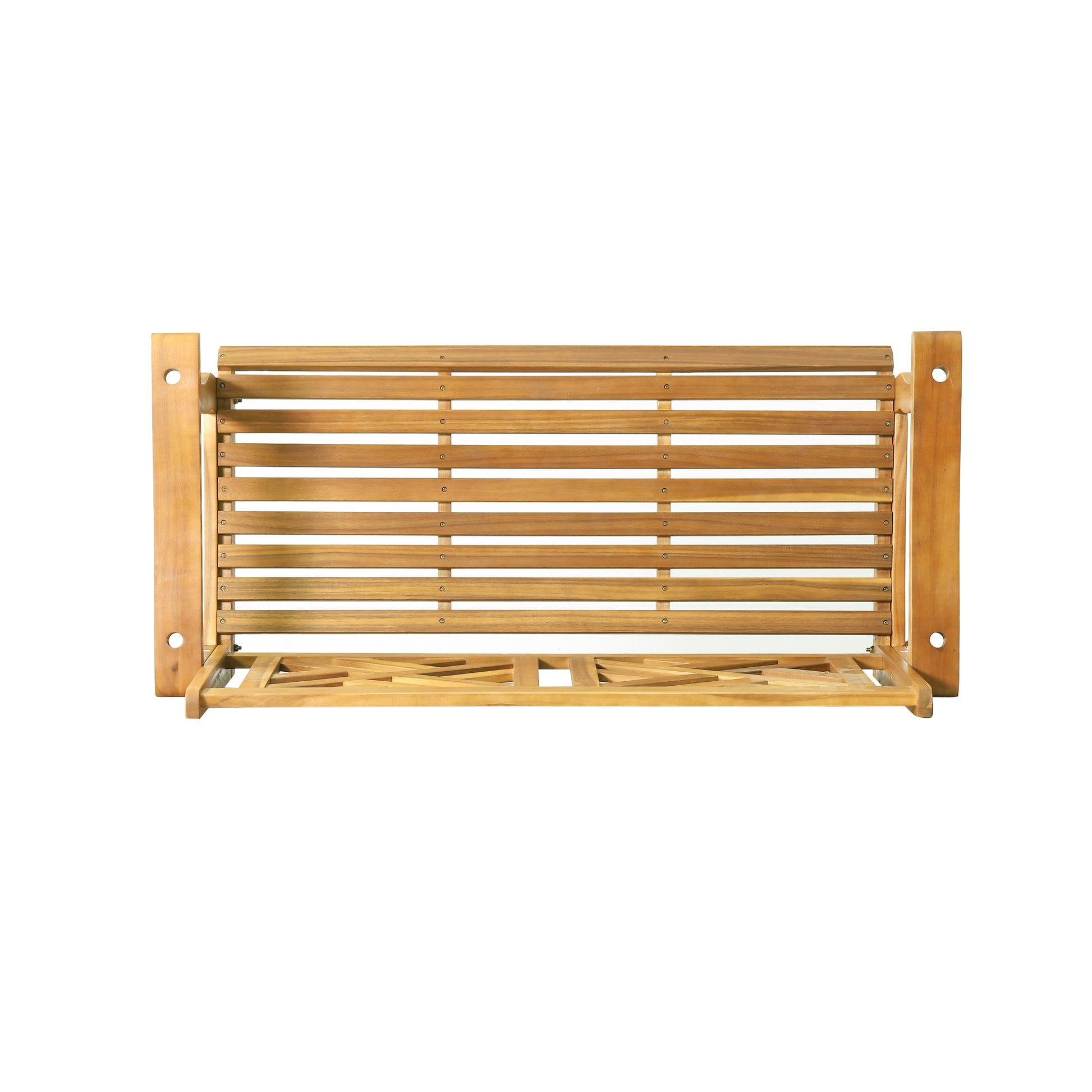 Natural wood slat garden bench with ornate base ideal for outdoor seating