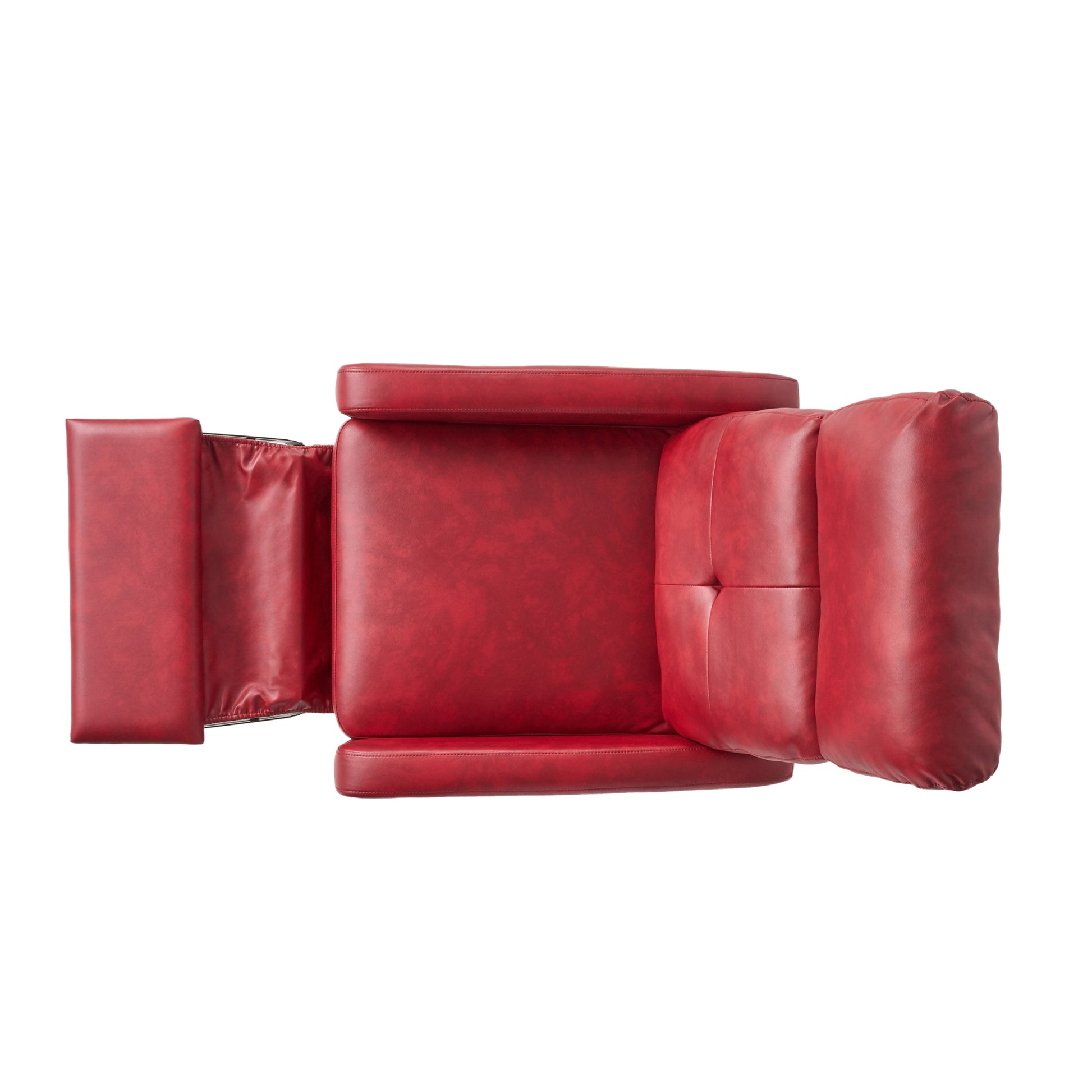 Top view of a red faux leather recliner chair with adjustable footrest