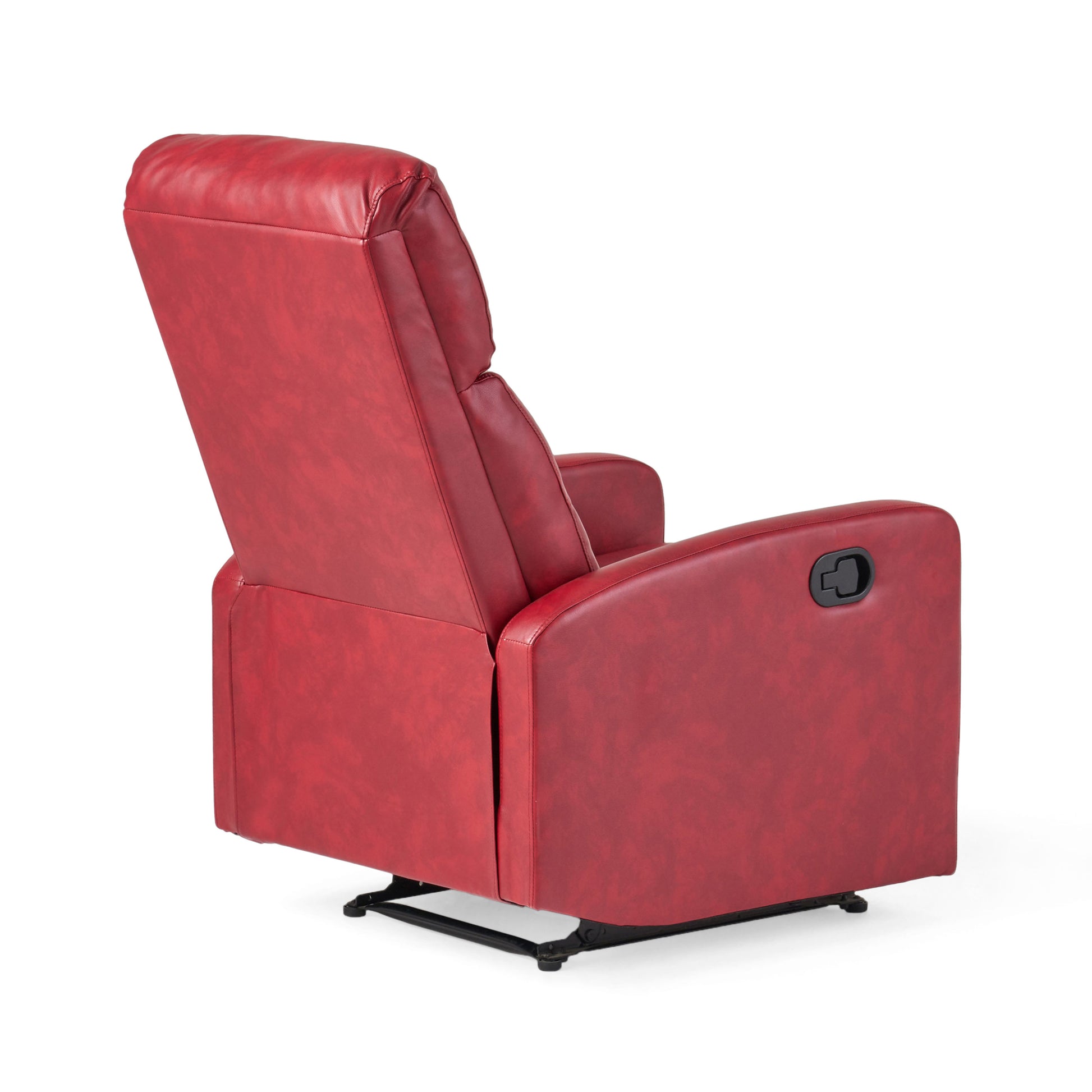 Red leather recliner chair with reclined back and visible lever for easy operation