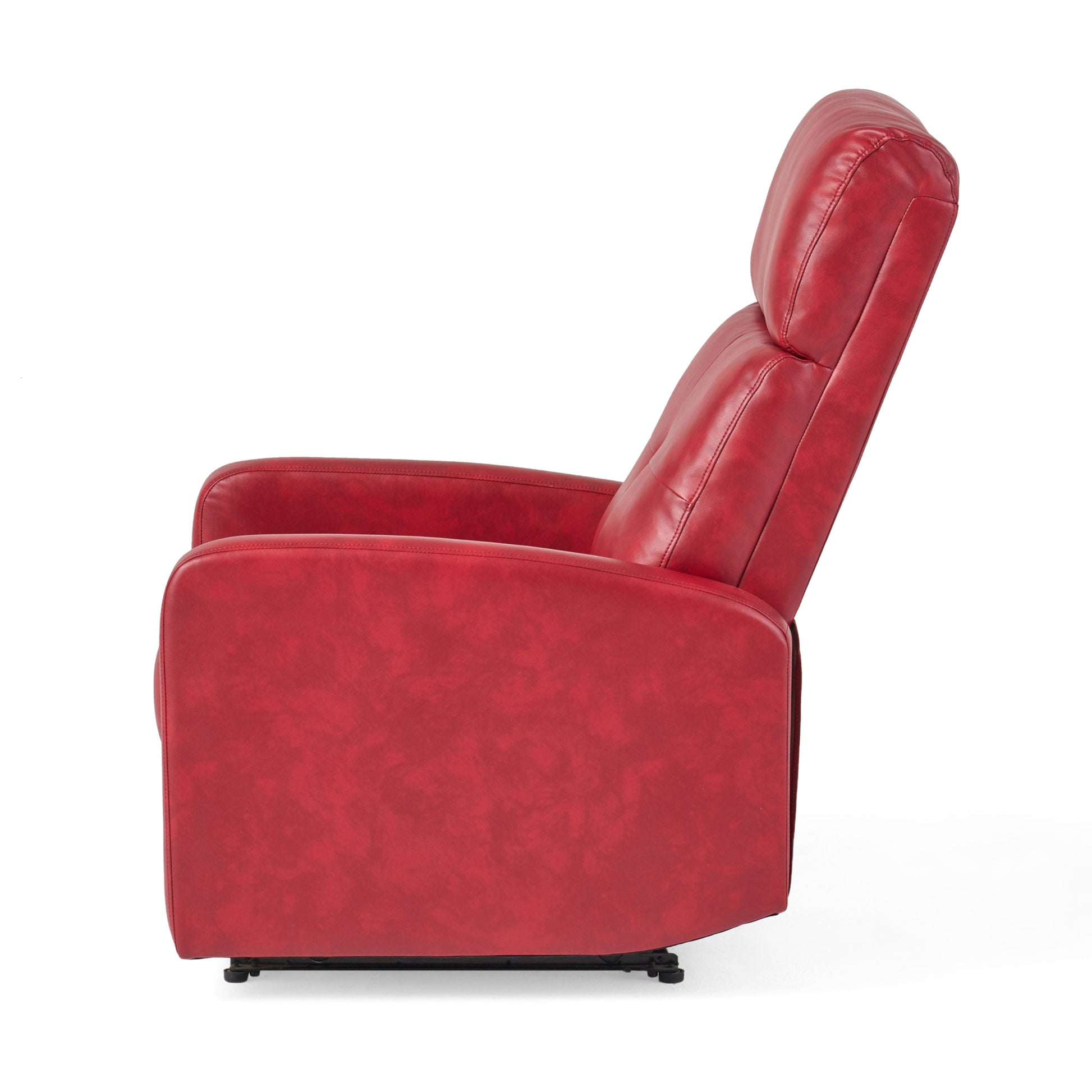 Side view of a recliner chair in classic red faux leather with plush cushioning for comfort