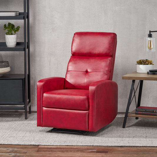 Plush red leather recliner chair with tufted back and padded armrests for ultimate comfort