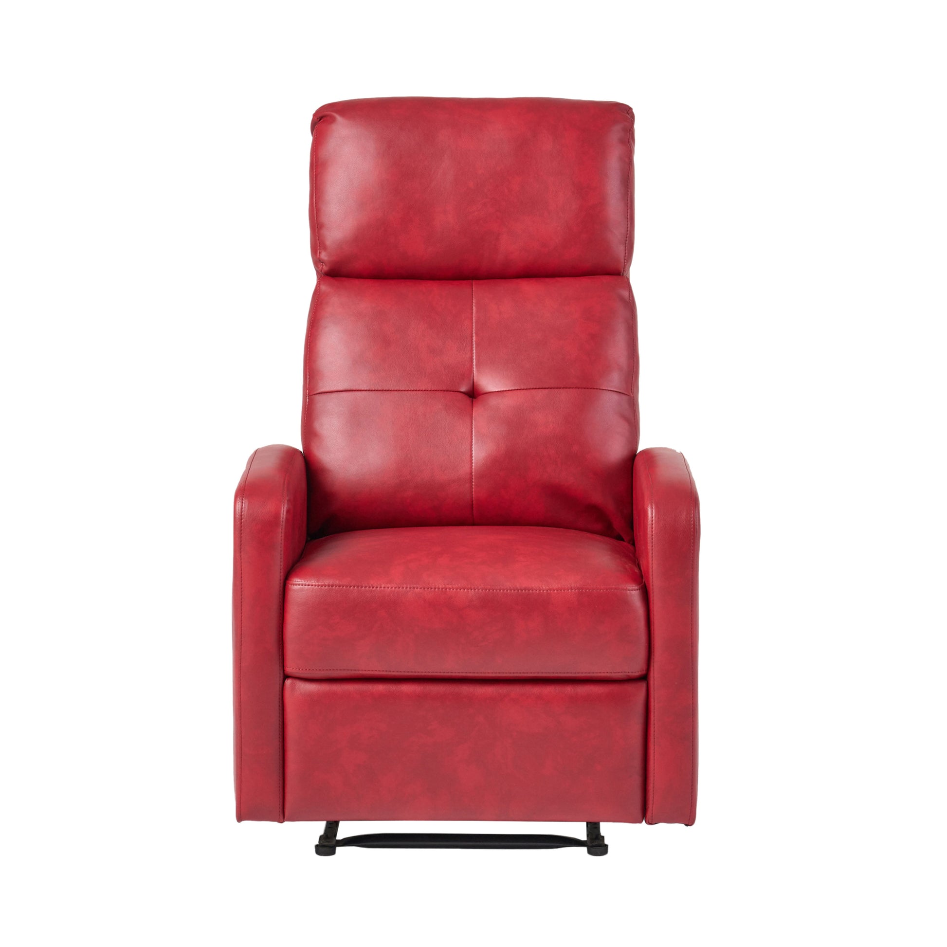 Front view of a plush red leather recliner chair with button tufting and padded arms