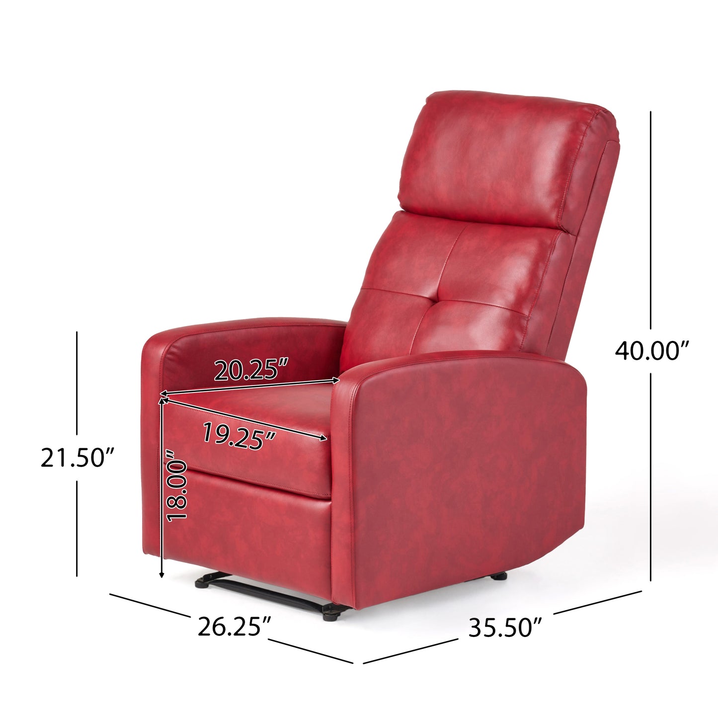 Red leather recliner chair with button tufting and padded headrest