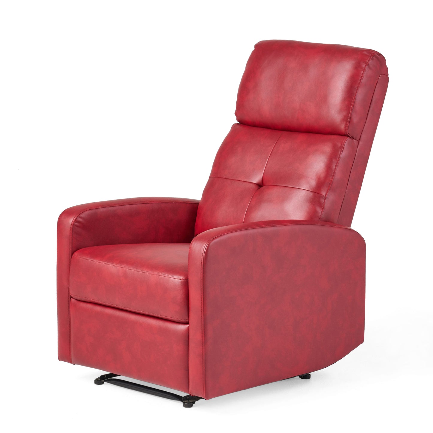 Red faux leather recliner chair with tufted back and padded arms