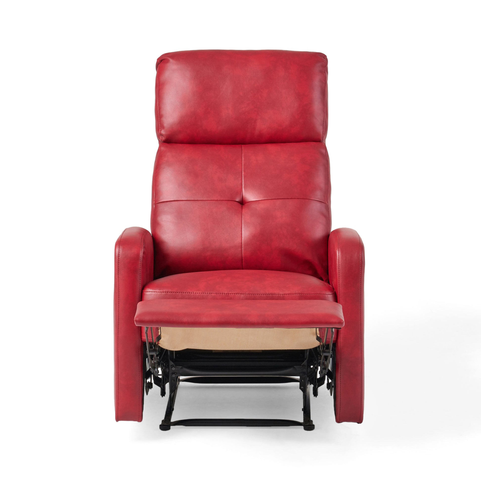 Red leather recliner chair with extended footrest and plush cushioning