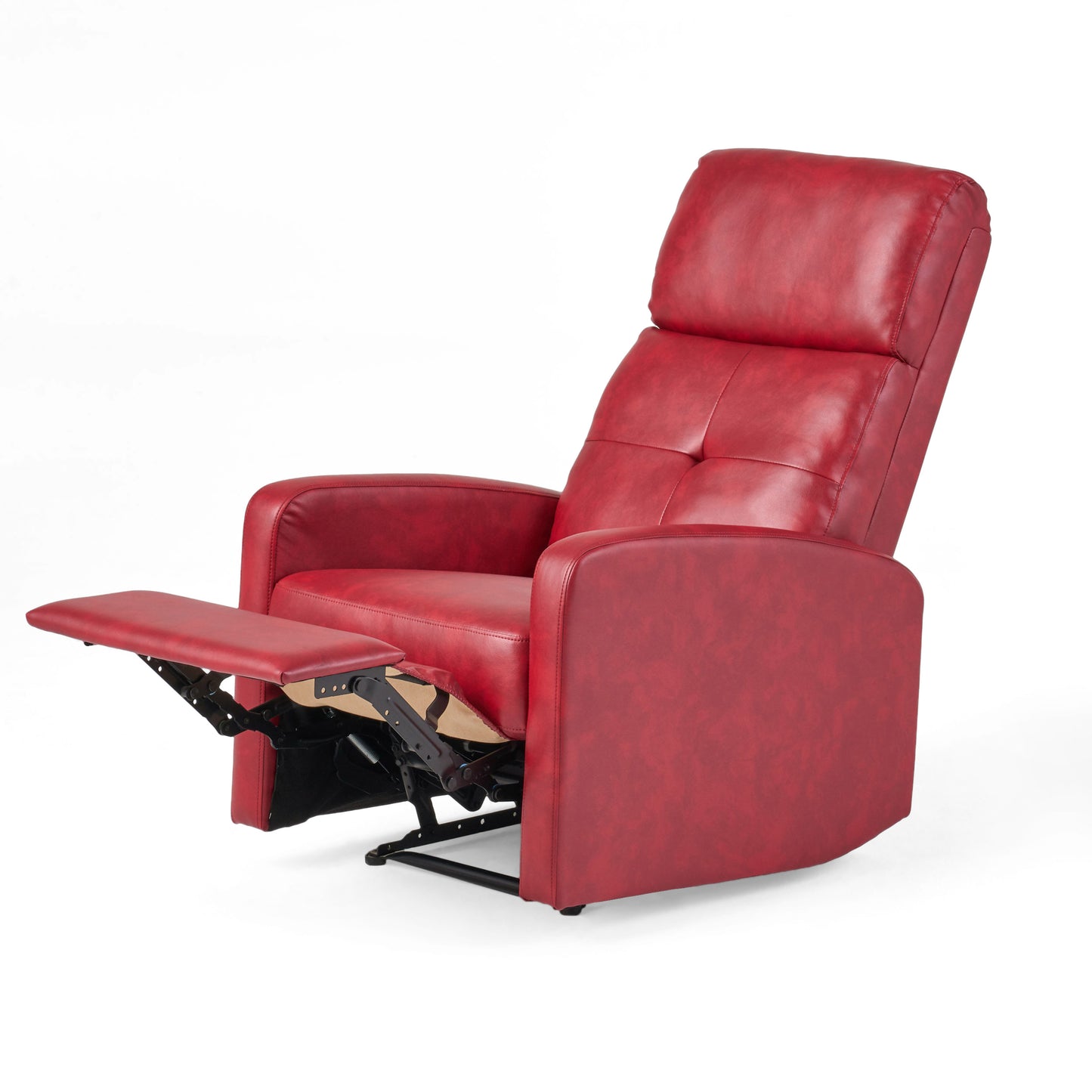 Red leather recliner chair with extended footrest for relaxation