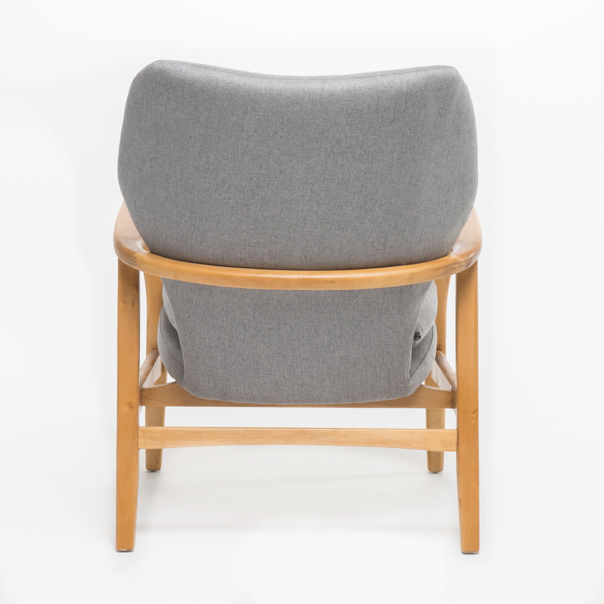 Back view of a grey upholstered armchair with a light wood frame modern design
