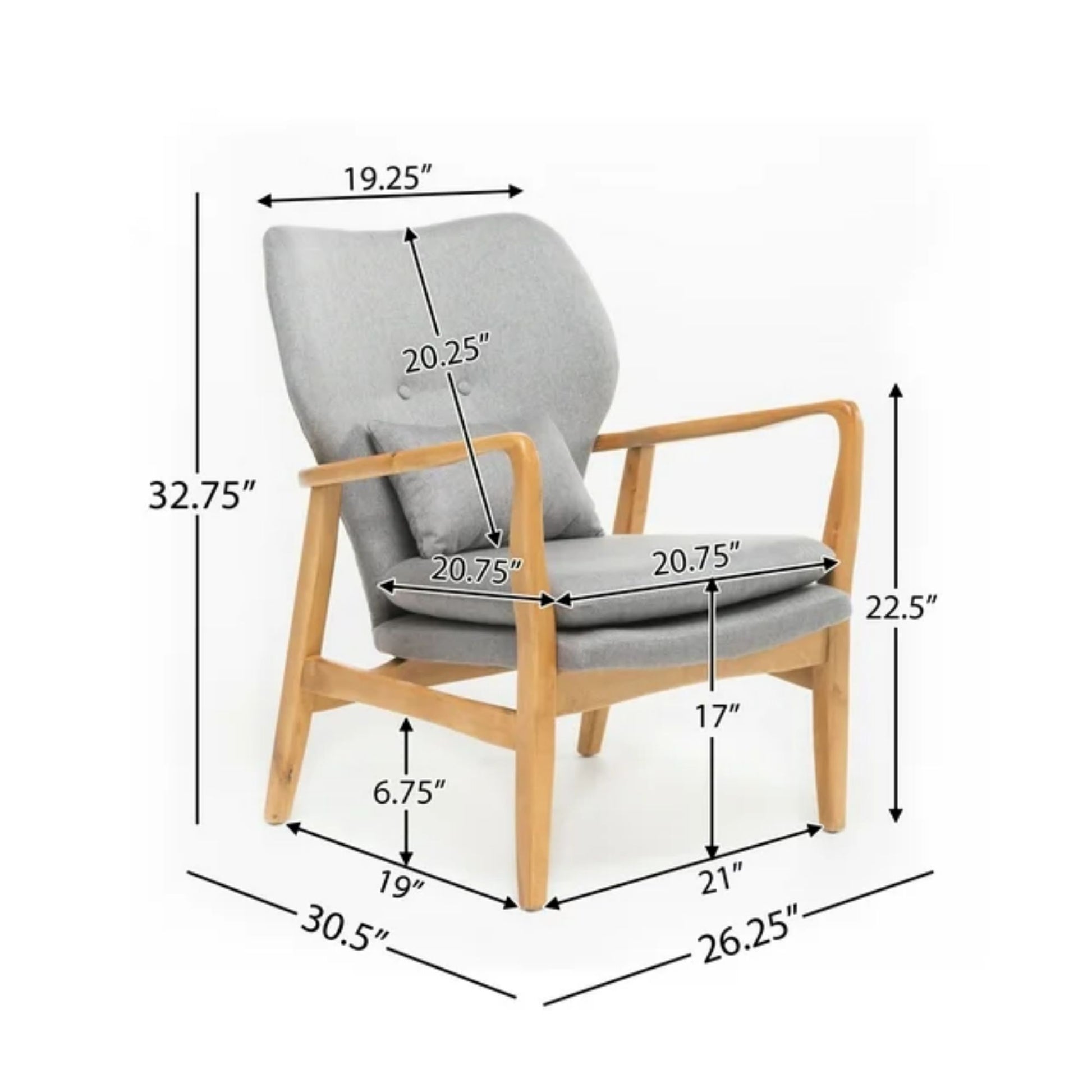 Gray fabric accent chair with light wood frame and angled legs suitable for modern living rooms