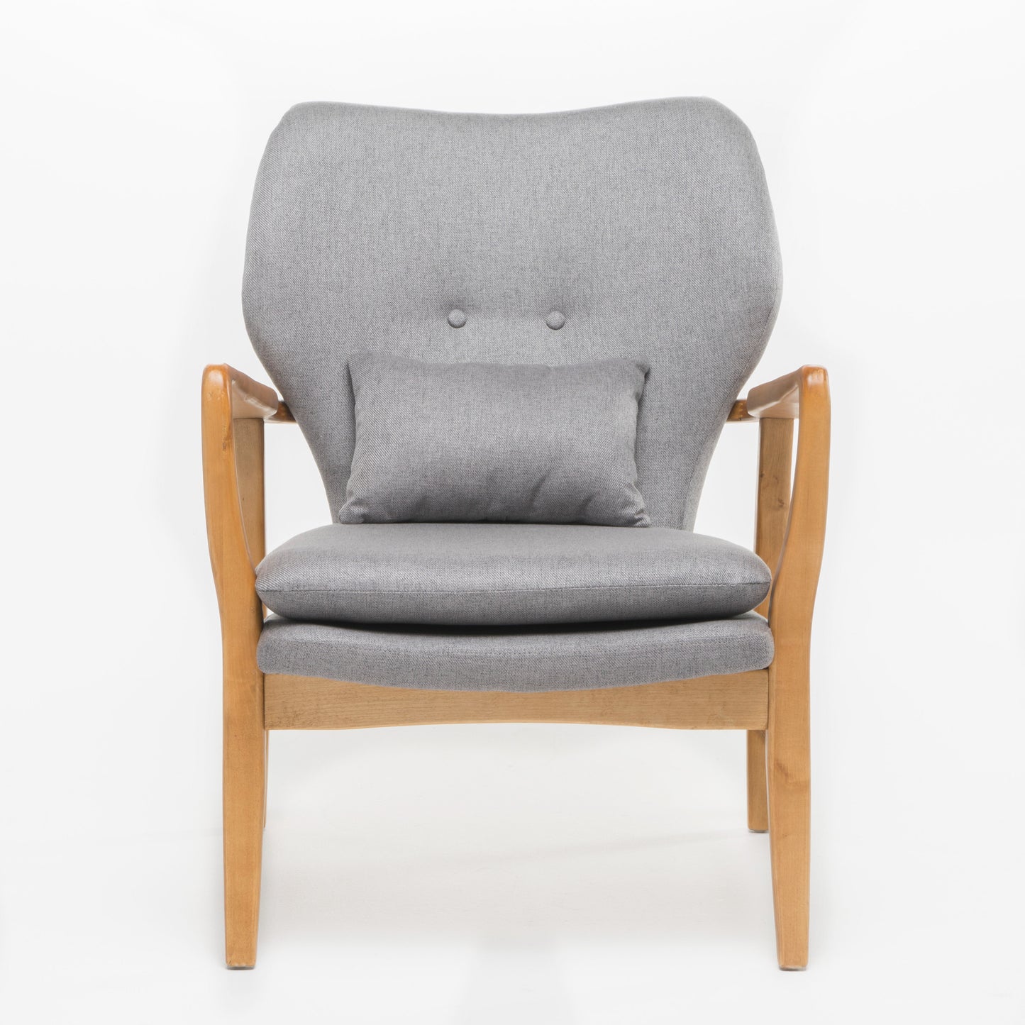 Gray fabric armchair with tufted back and wooden frame midcentury modern style