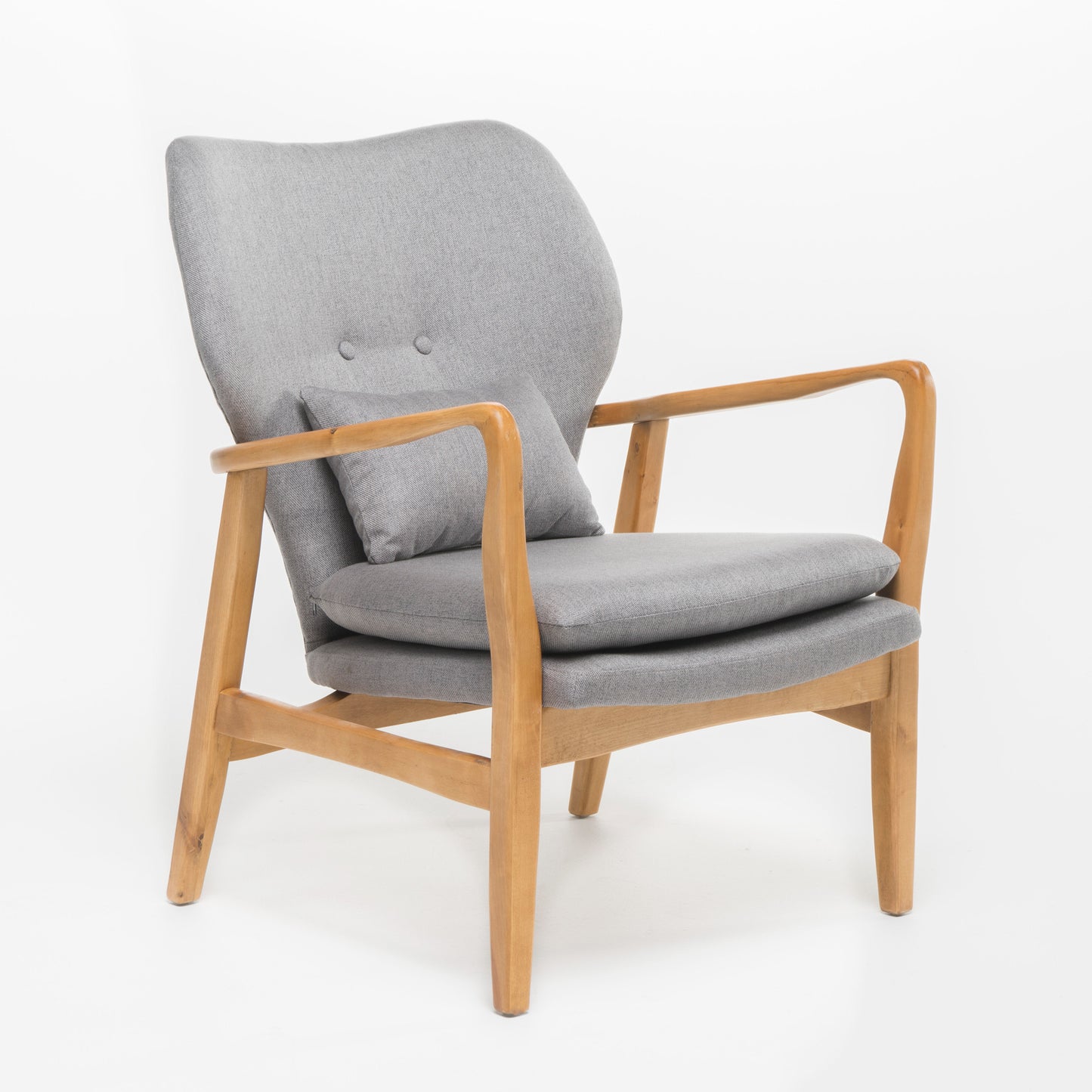Midcentury modern accent chair in grey fabric with natural wood arms