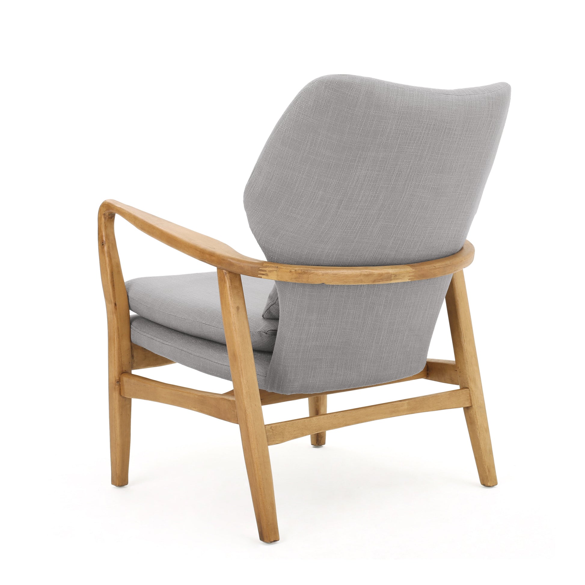 Midcentury modern armchair with grey fabric upholstery and a light wood frame