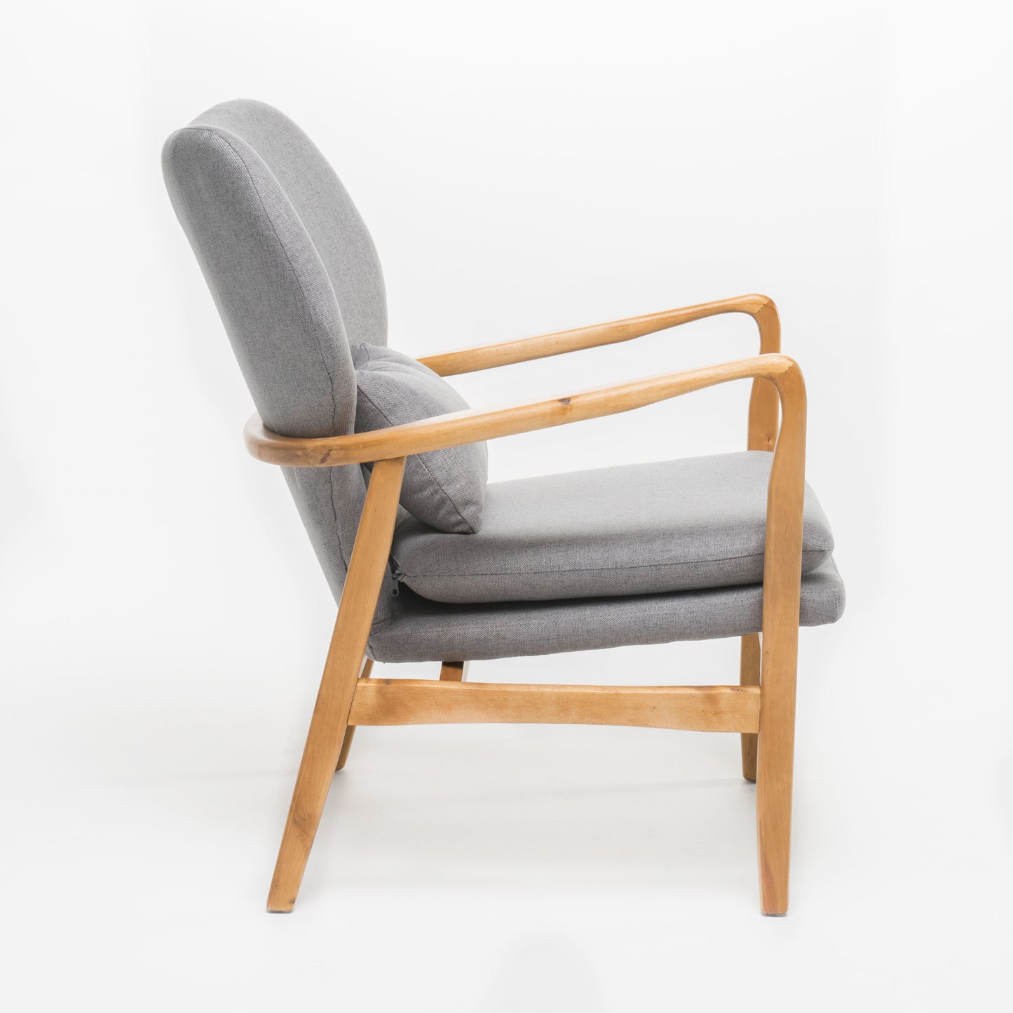 Midcentury modern armchair in grey fabric with light wood frame and arms