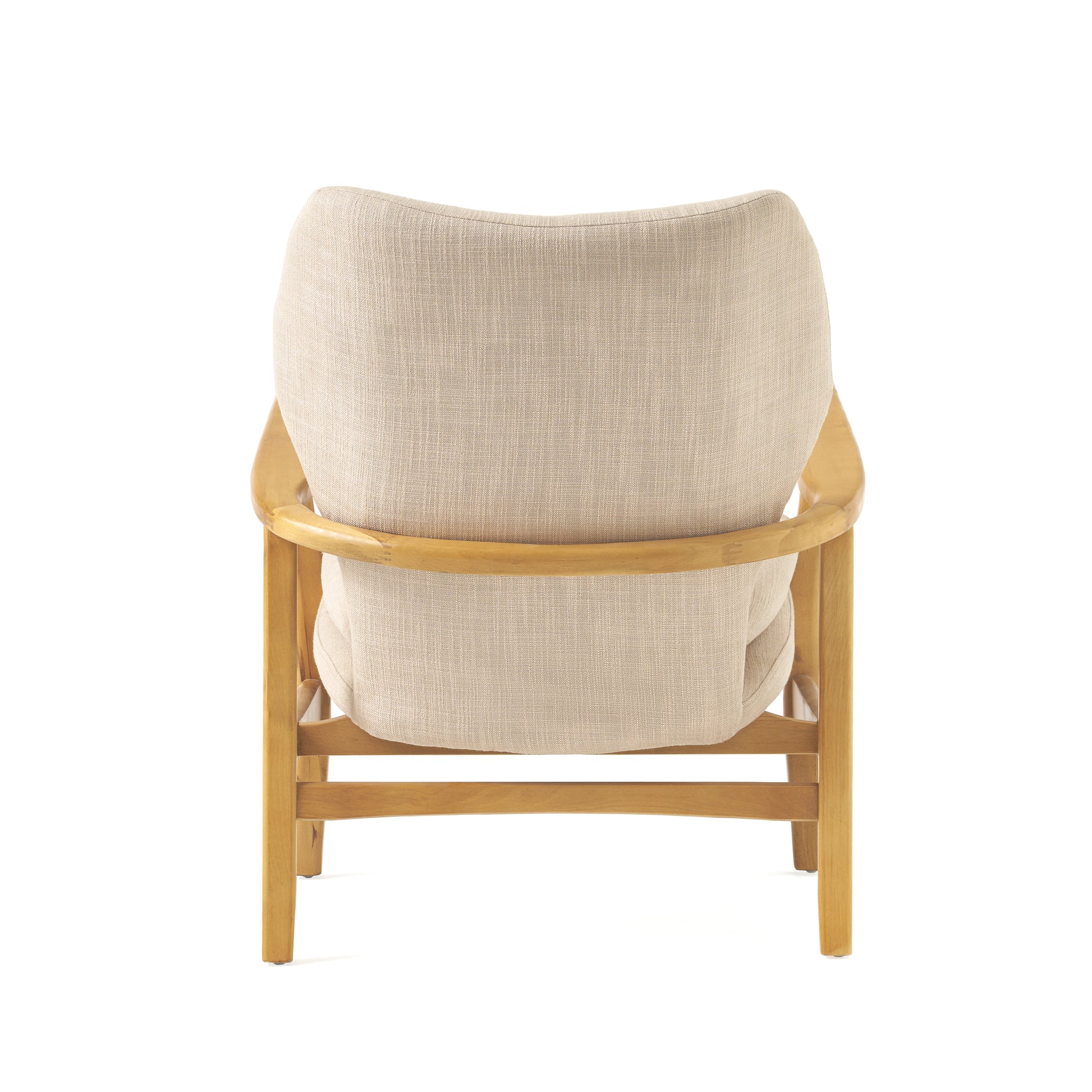 Back view of a light beige upholstered accent chair with a curved wooden frame
