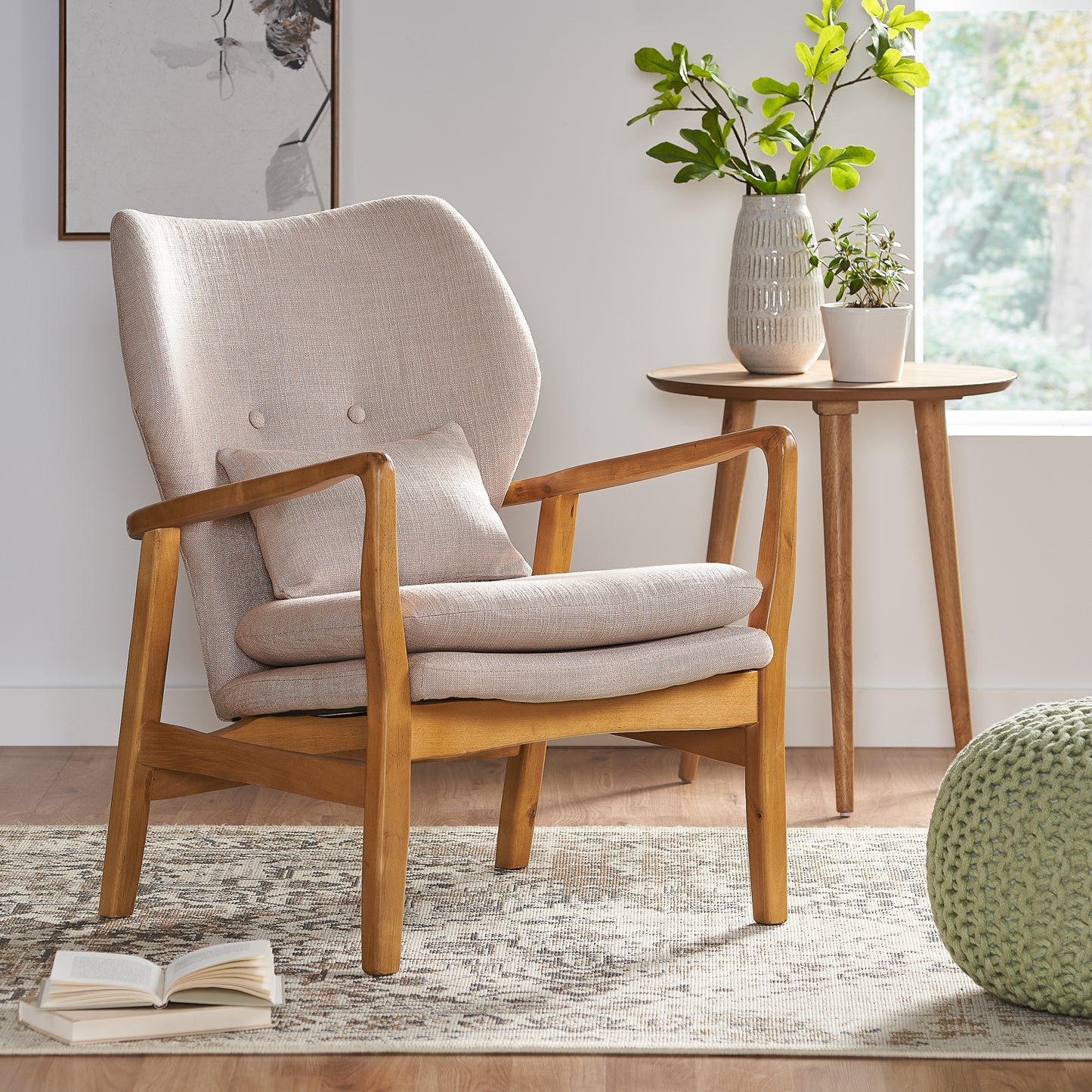Natural linen accent chair with light wood frame and comfortable cushioning
