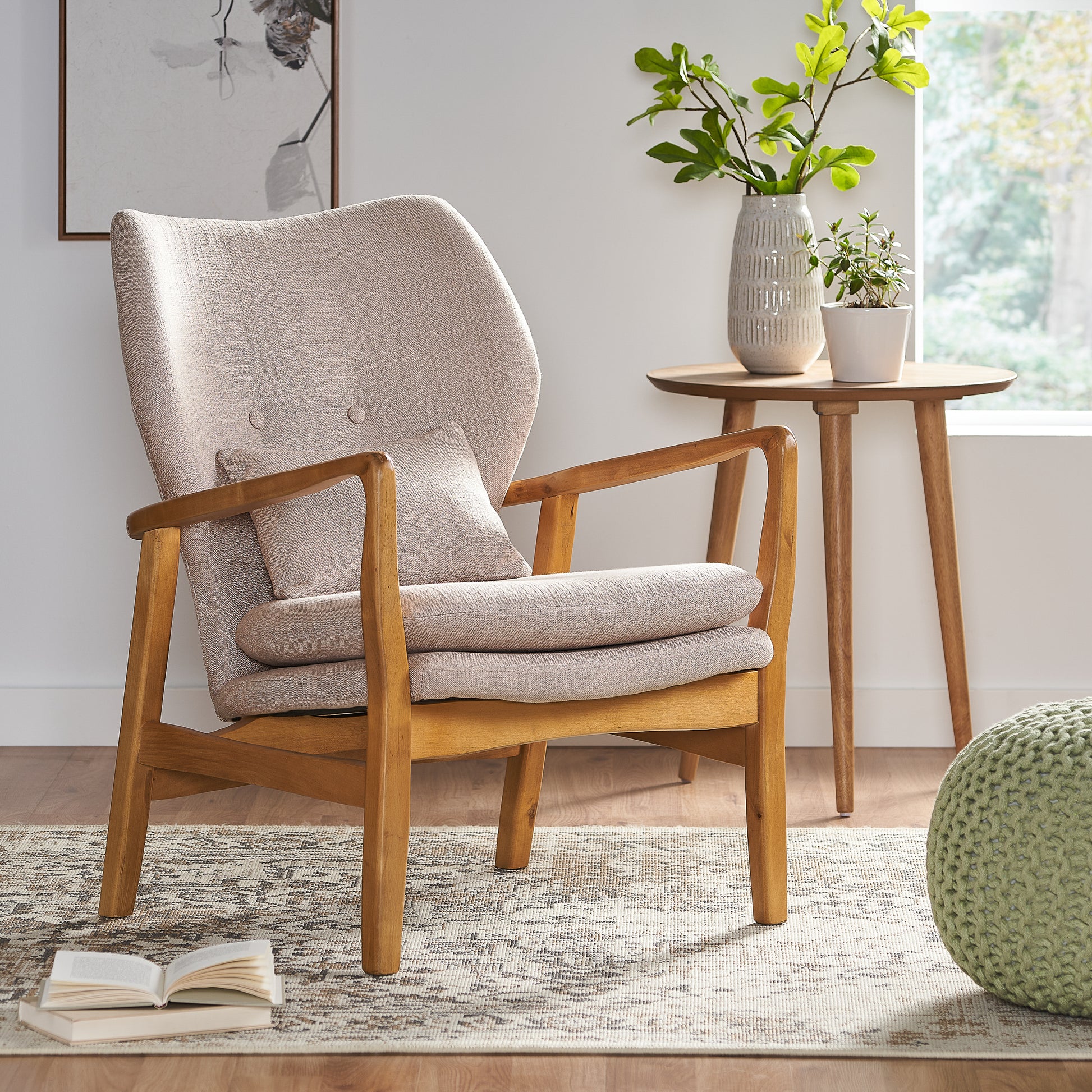 Natural linen accent chair with light wood frame and comfortable cushioning