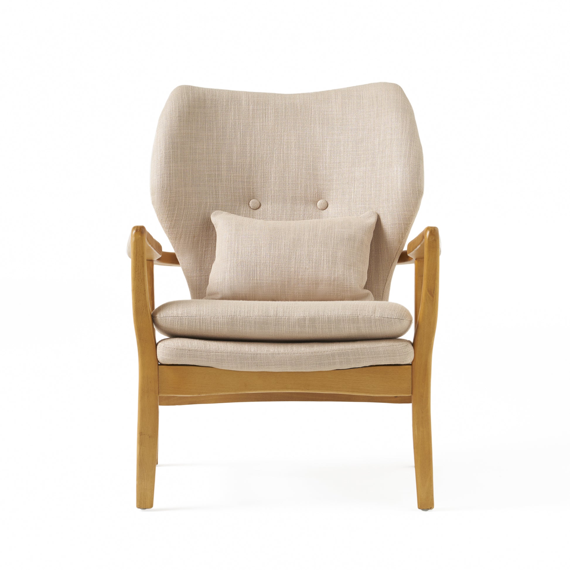 Elegant beige upholstered armchair with wooden frame and lumbar pillow