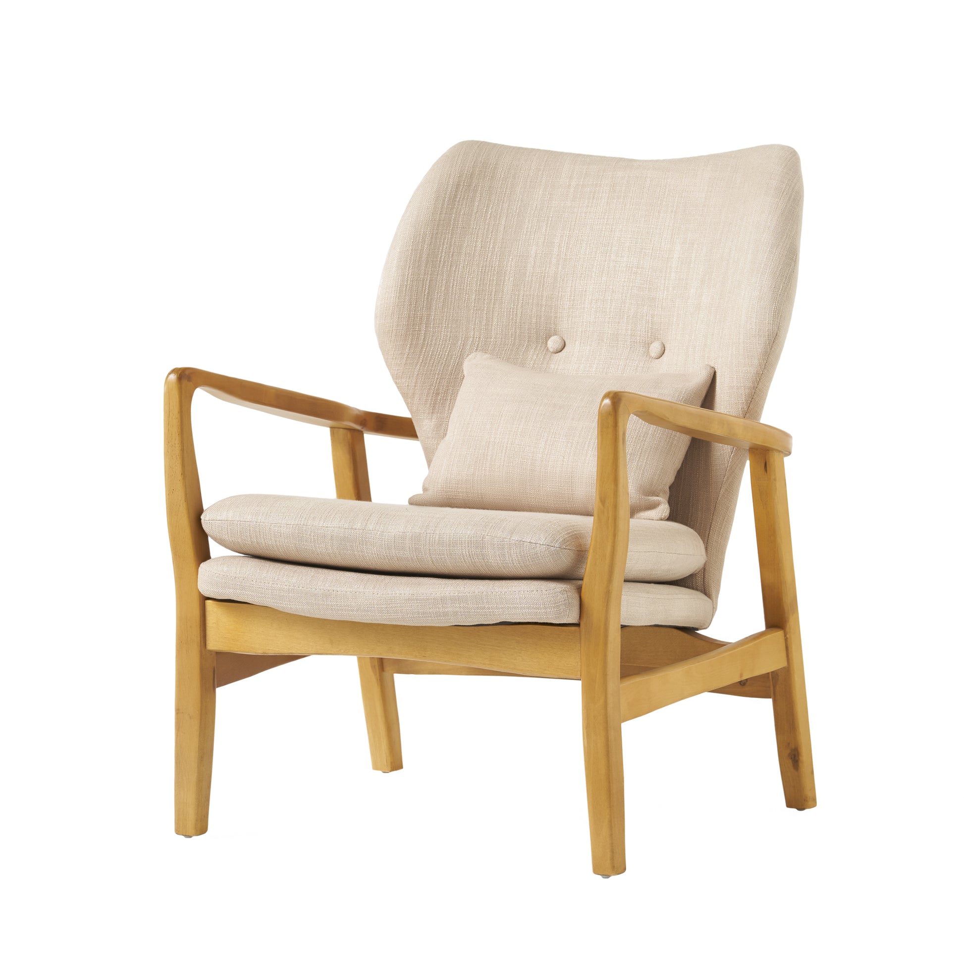 Upholstered wingback accent chair in neutral beige linen with natural wood frame and accent pillow