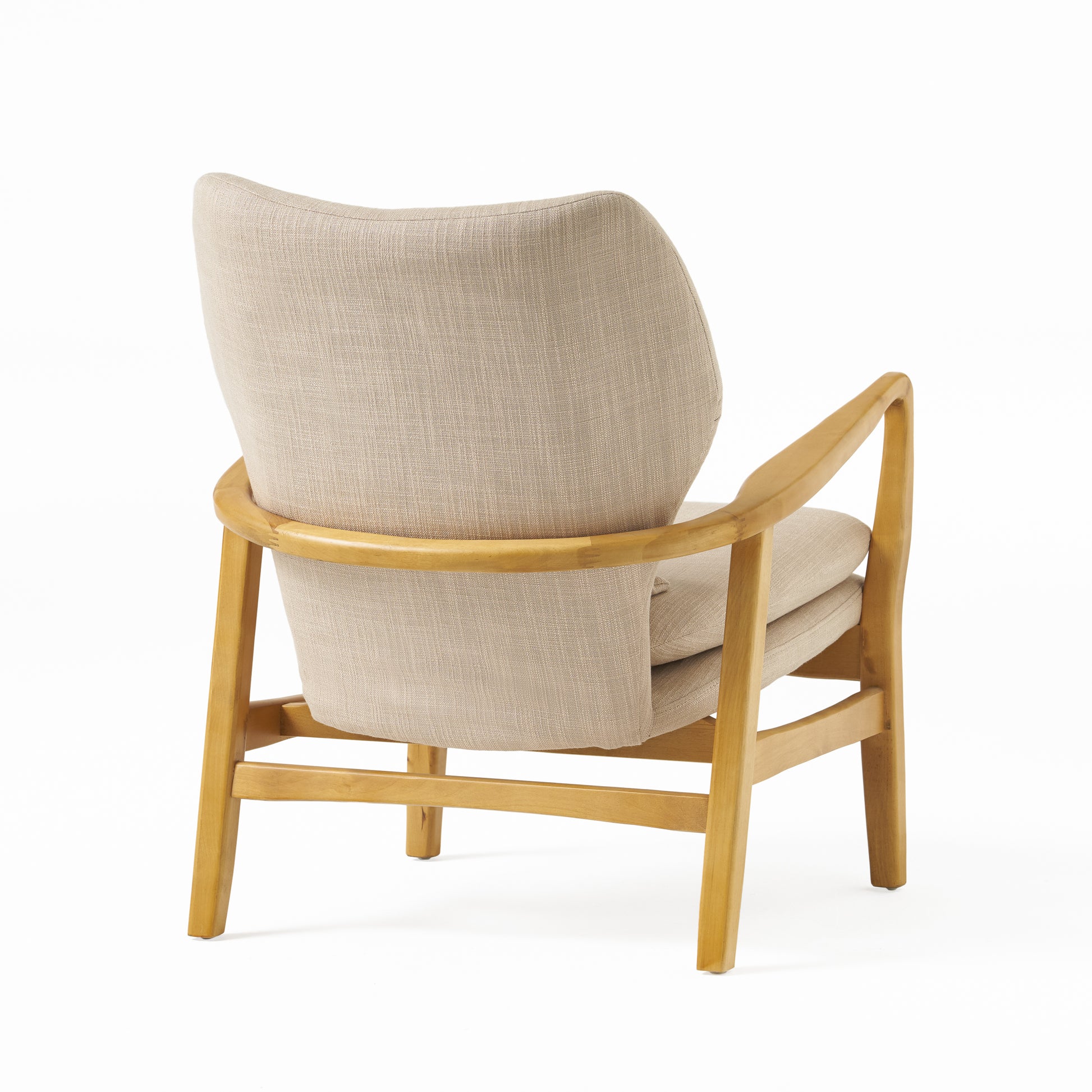 Beige upholstered accent chair with curved light wood frame from the back