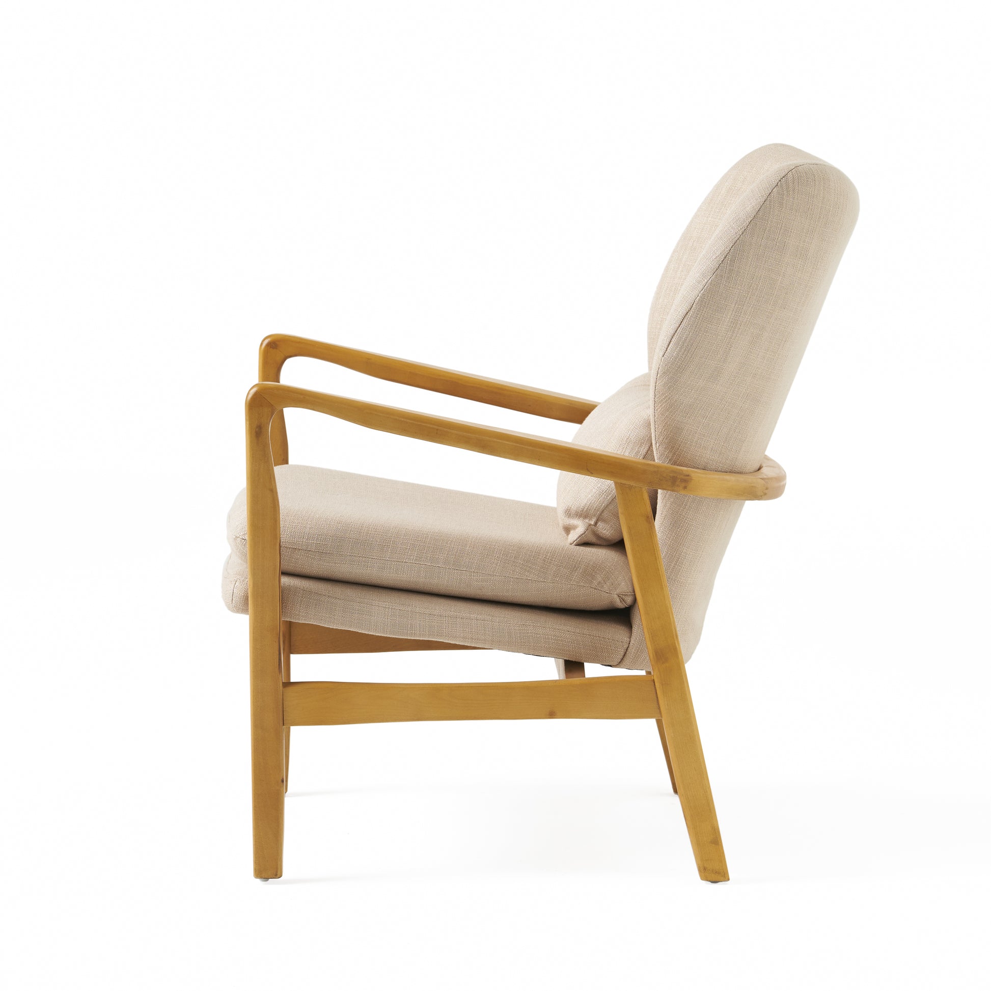 Beige fabric armchair with light wood frame midcentury modern accent chair