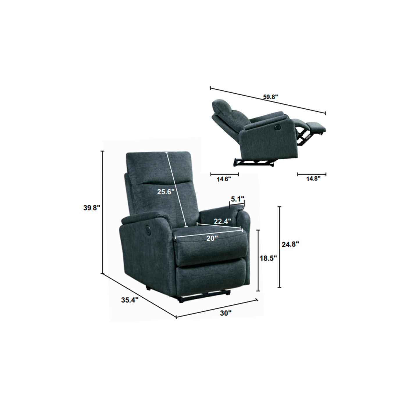 Dark gray upholstered recliner with extended footrest and armrest dimensions