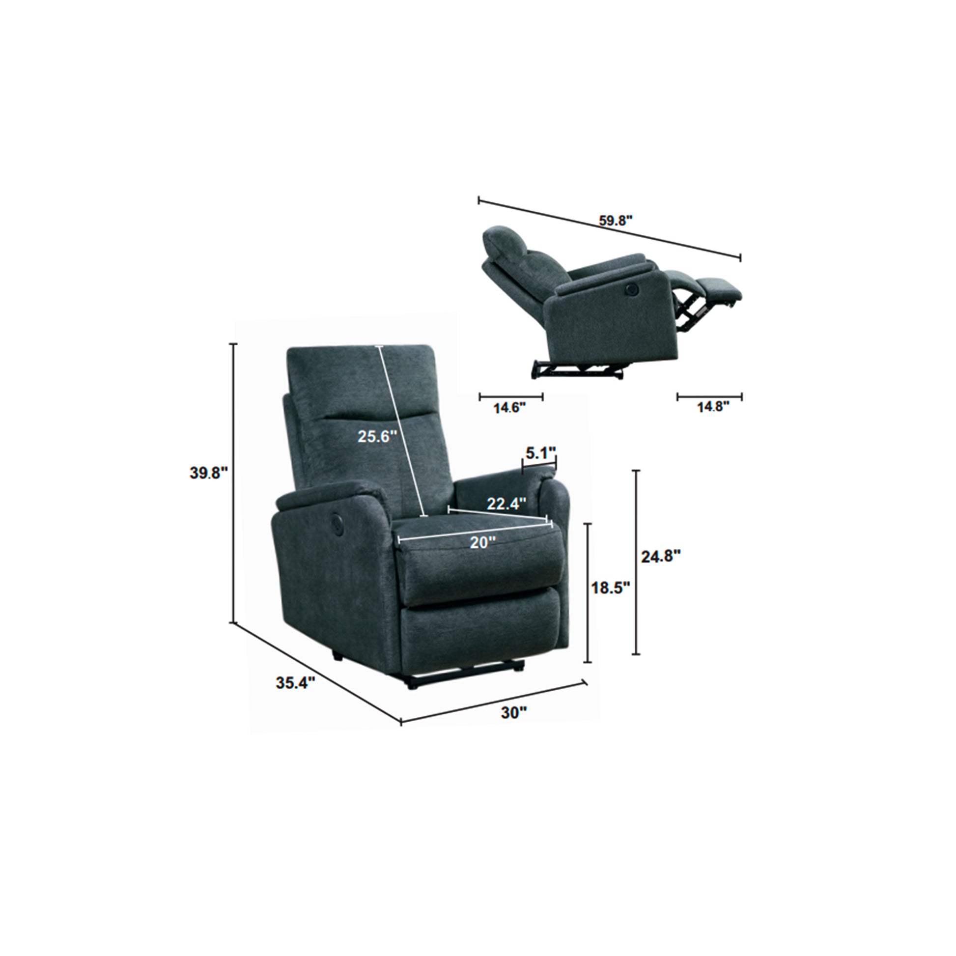 Dark gray upholstered recliner with extended footrest and armrest dimensions