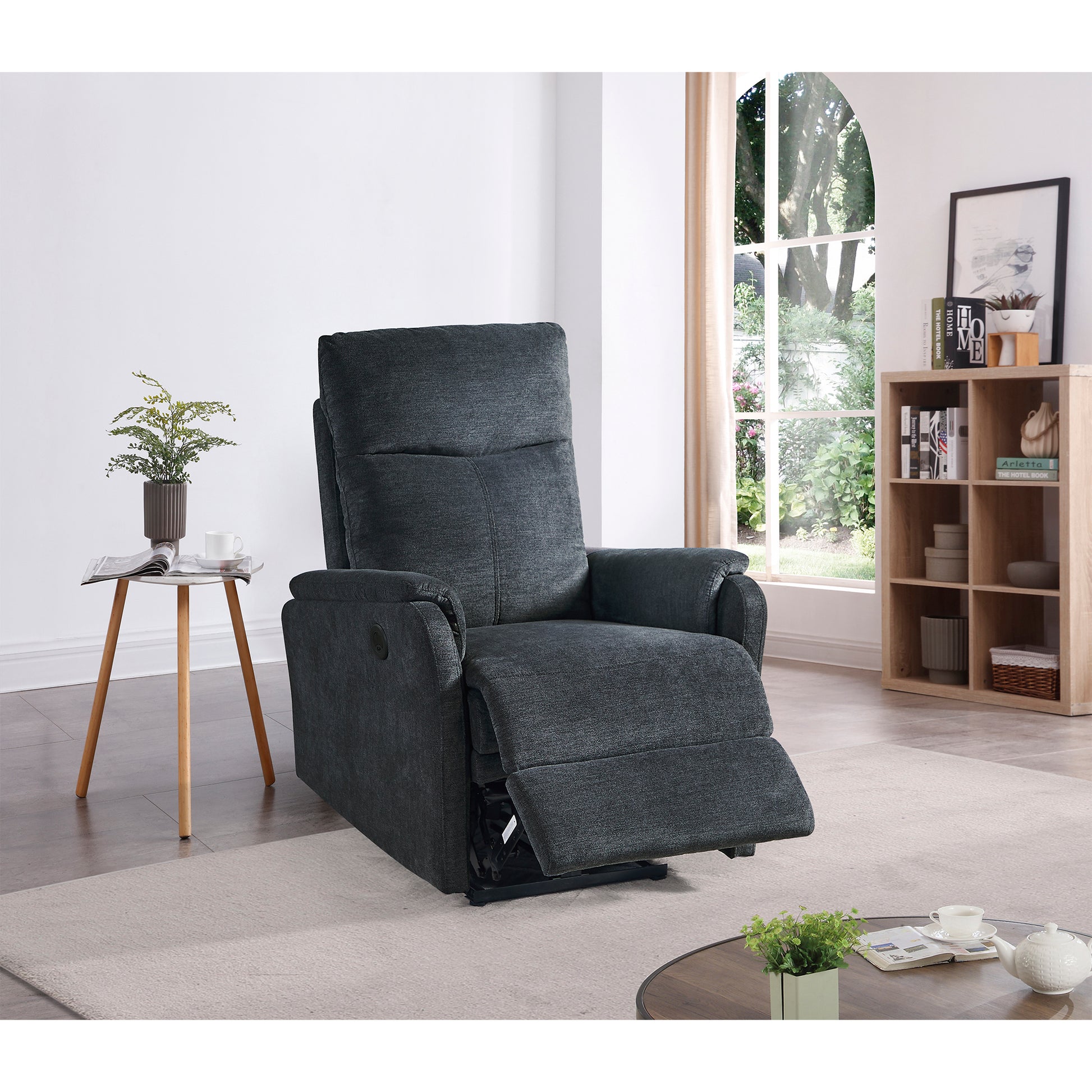 Dark grey fabric recliner chair with extended footrest comfortable living room furniture