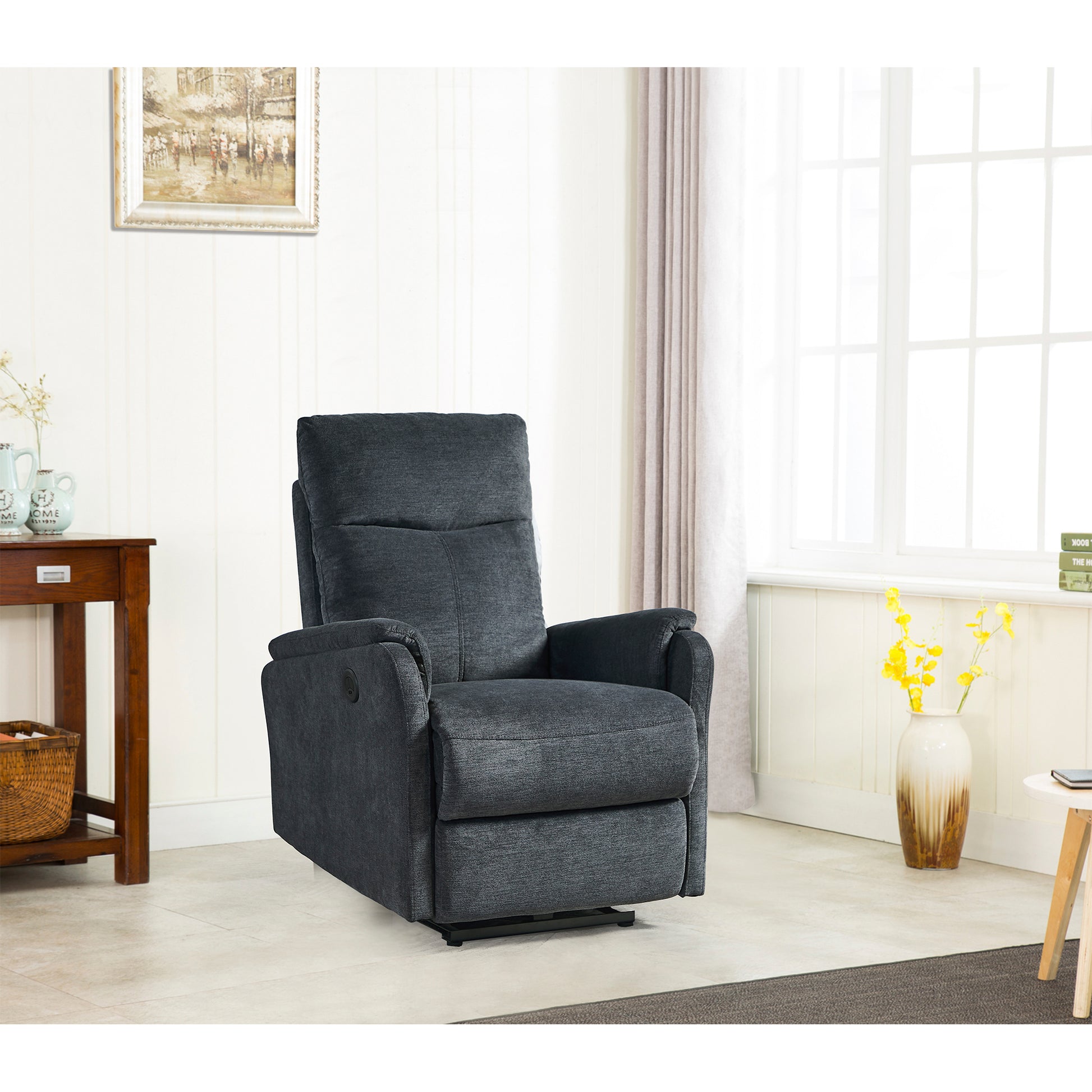 Dark gray fabric recliner chair with plush cushioning and manual recline function