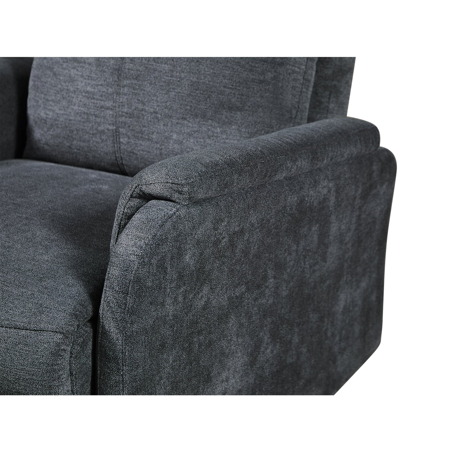 Closeup of a dark grey textured fabric armchair armrest showcasing plush comfort and modern design