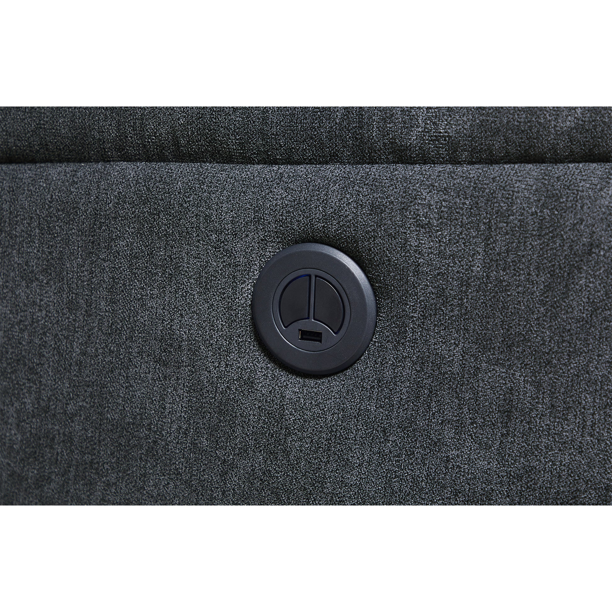 Dark grey fabric recliner control with USB port and dual buttons