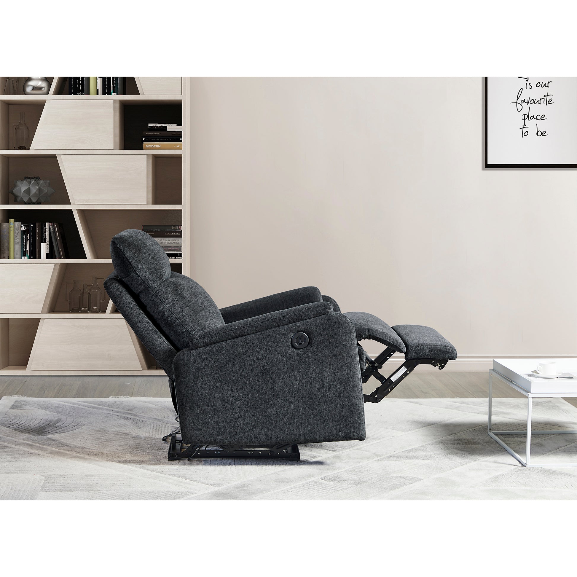 Dark gray fabric recliner chair with adjustable footrest and headrest ideal for home relaxation