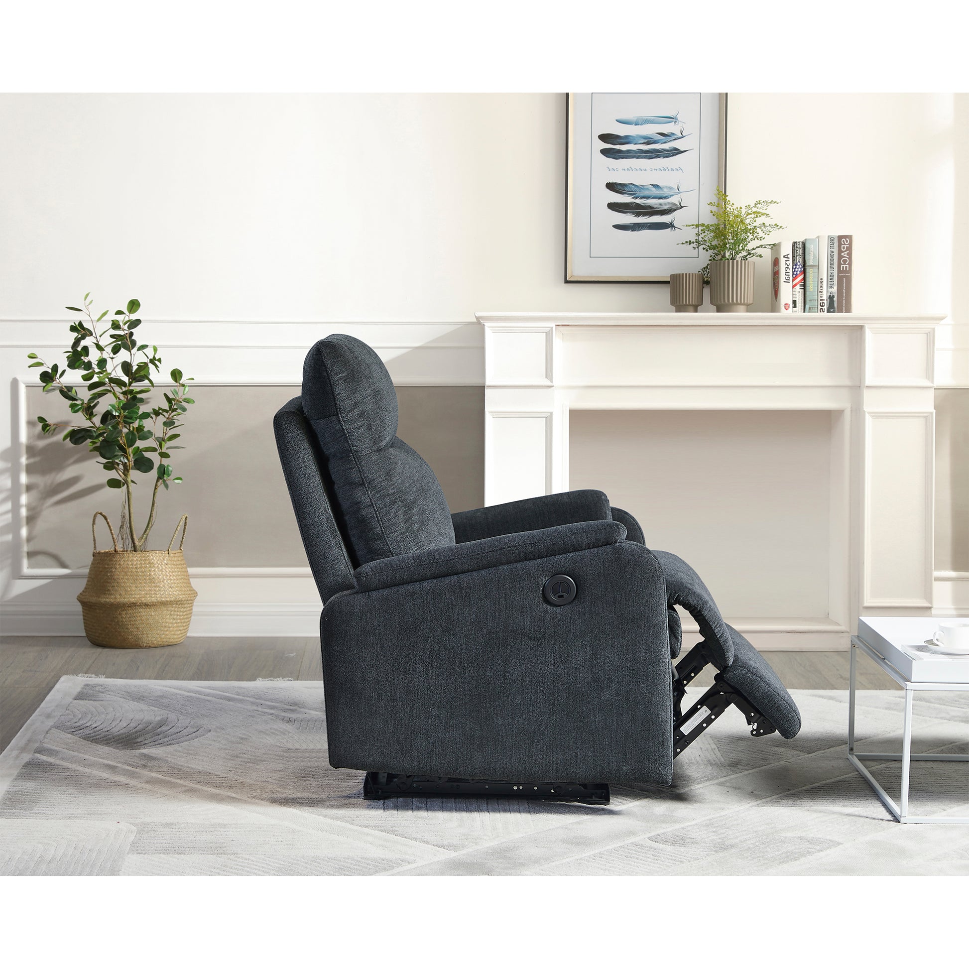 Dark gray upholstered swivel recliner chair with manual recliner mechanism