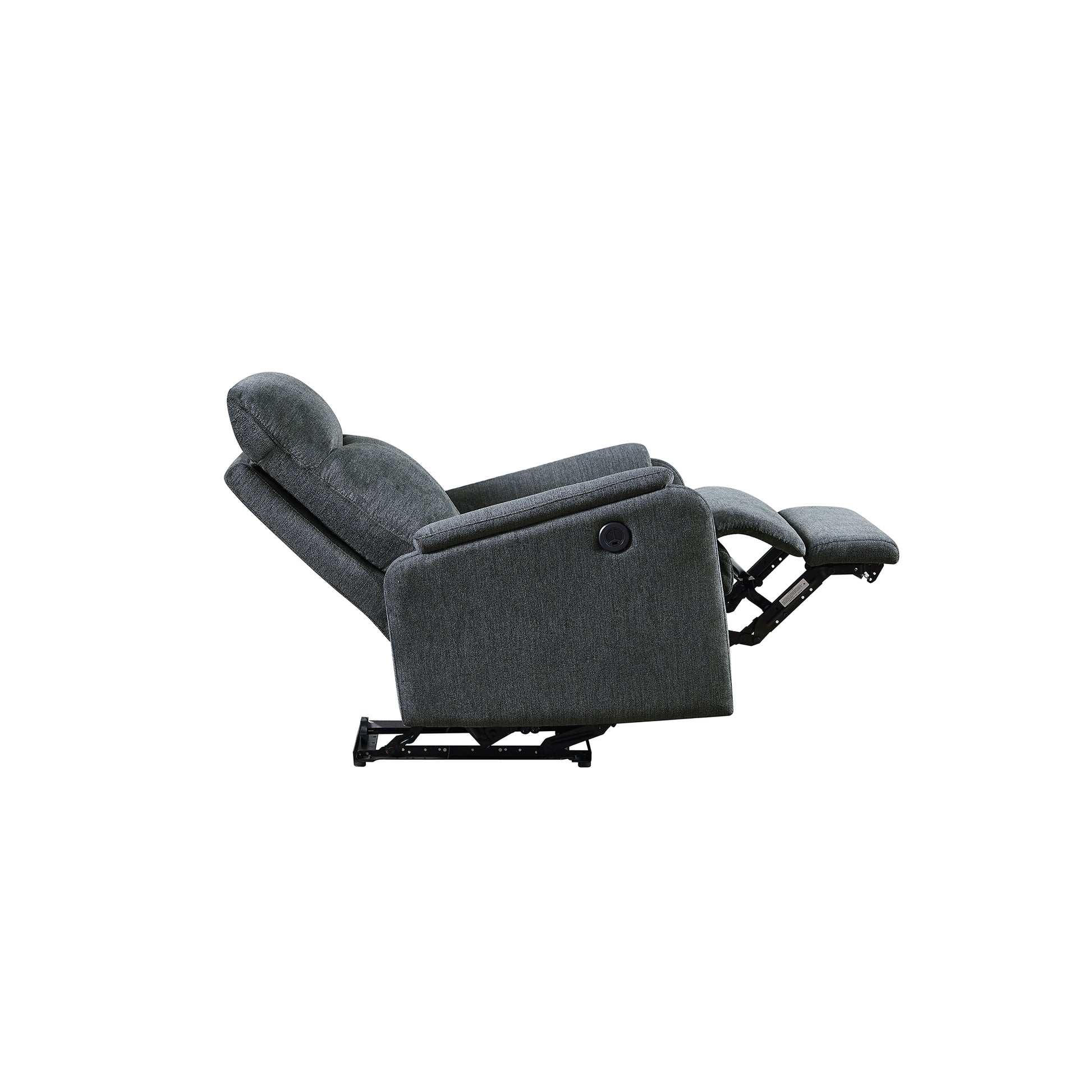 Dark grey fabric recliner chair with extended footrest and adjustable headrest