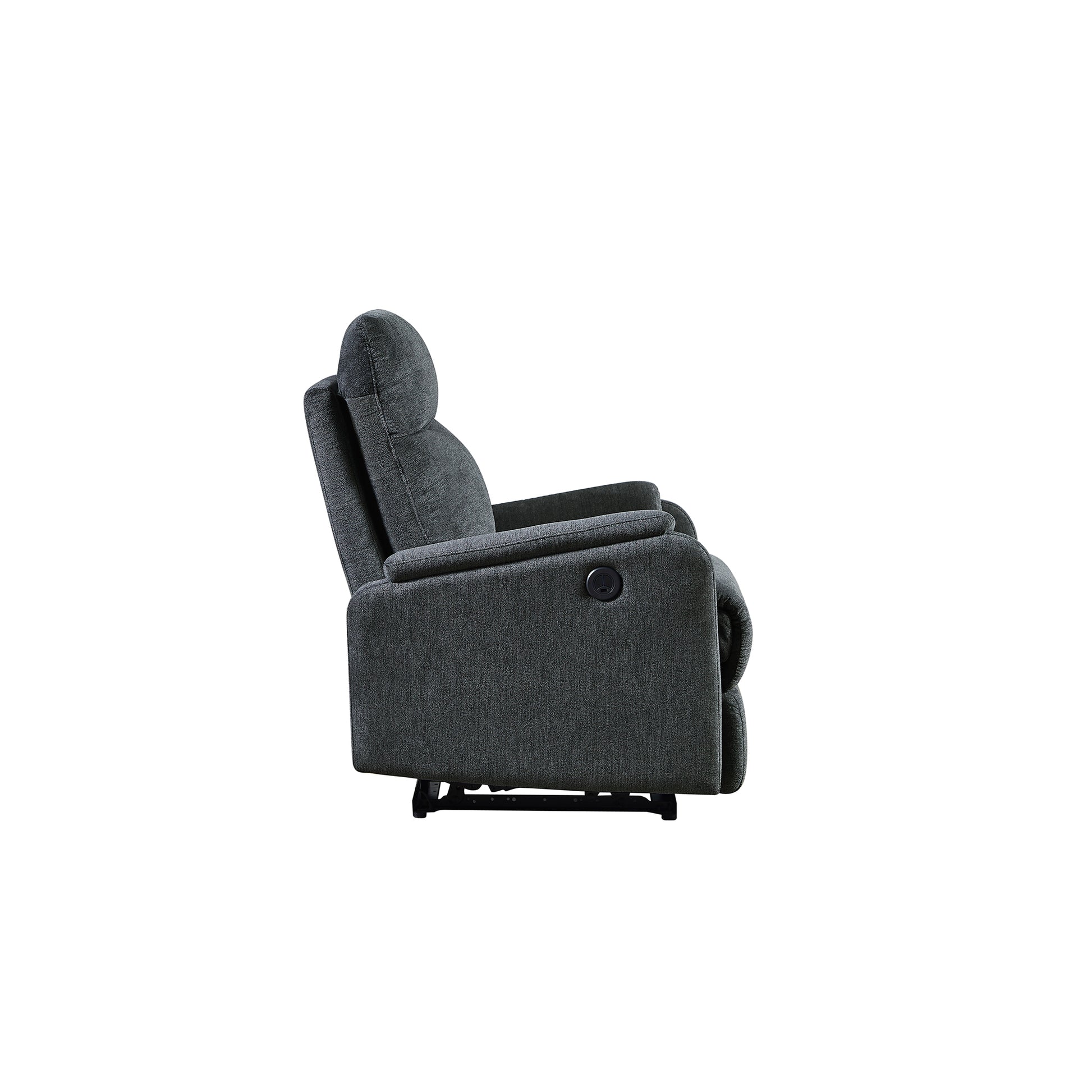 Dark grey fabric recliner chair with power control on side
