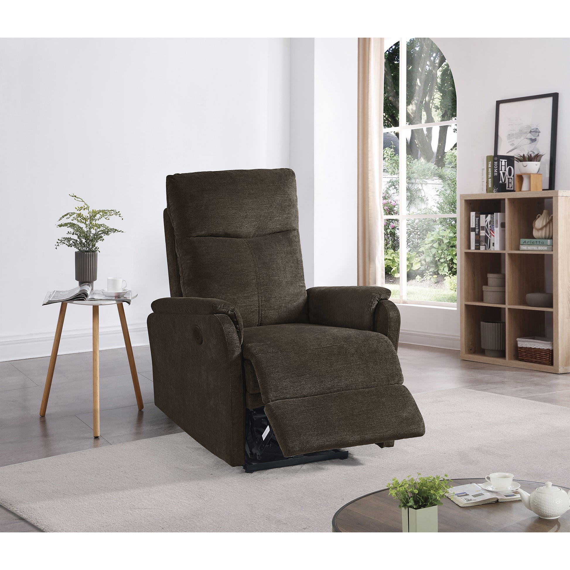 Brown fabric lift recliner chair with extended footrest ideal for seniors