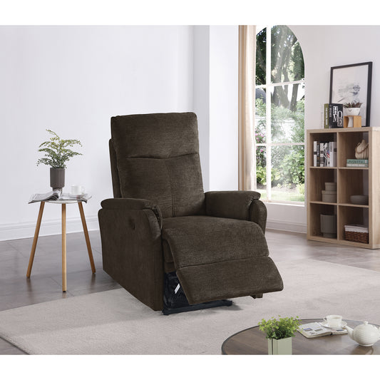 Brown fabric lift recliner chair with extended footrest ideal for seniors