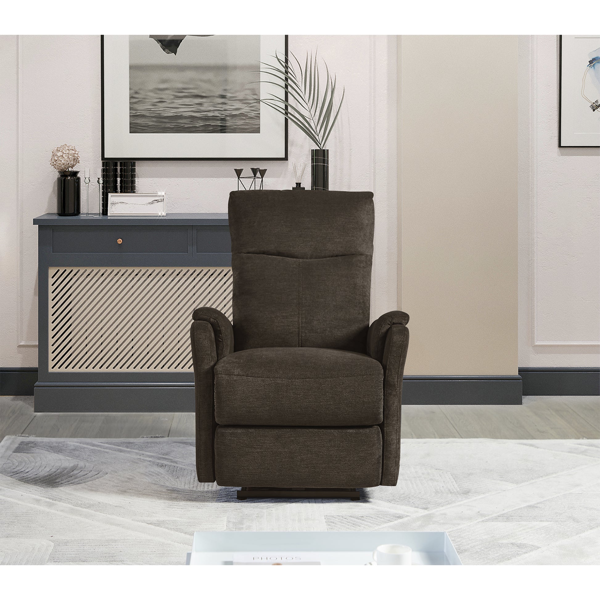 Brown fabric recliner chair with plush cushioning and wide armrests for comfort