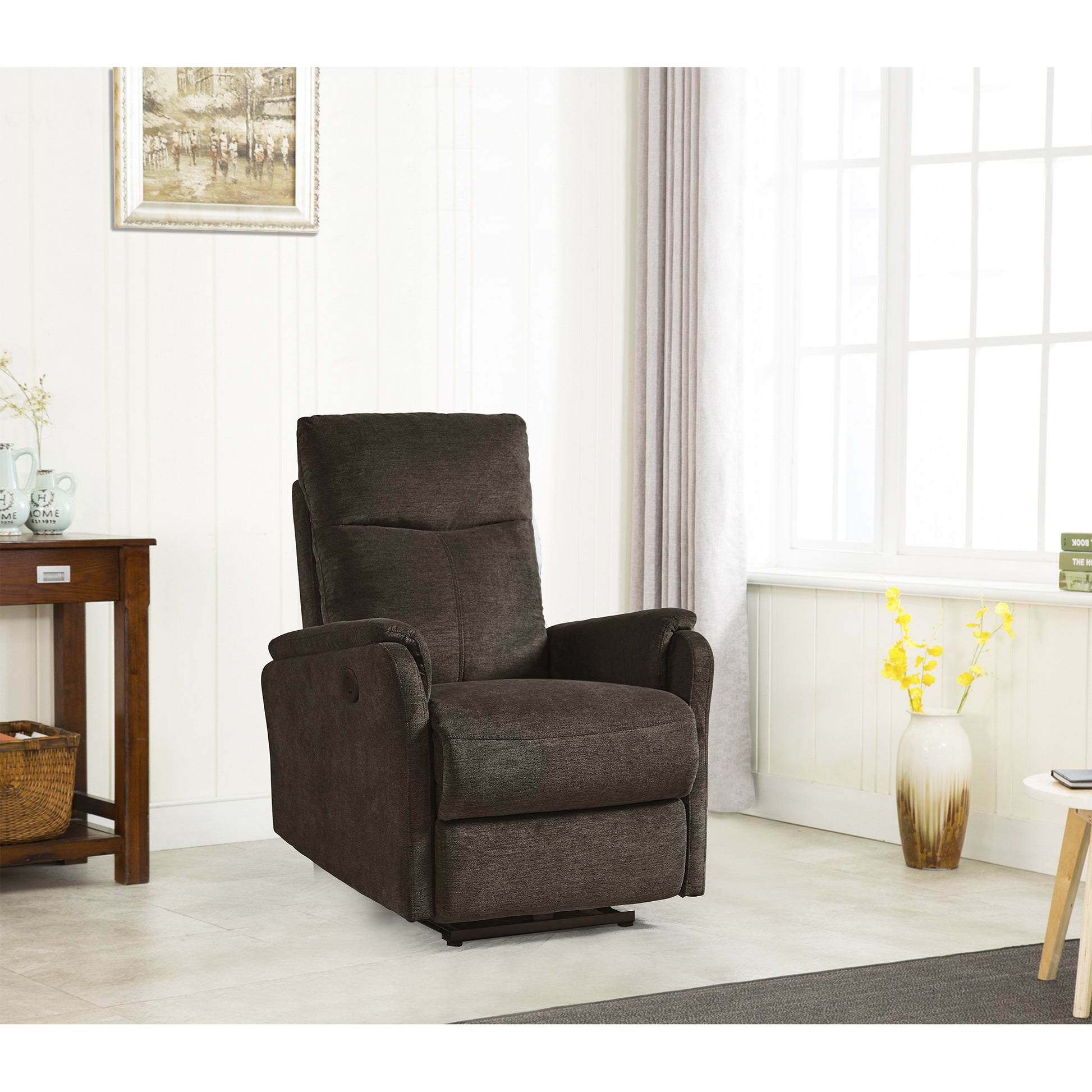 Dark brown fabric recliner chair with padded headrest and arms