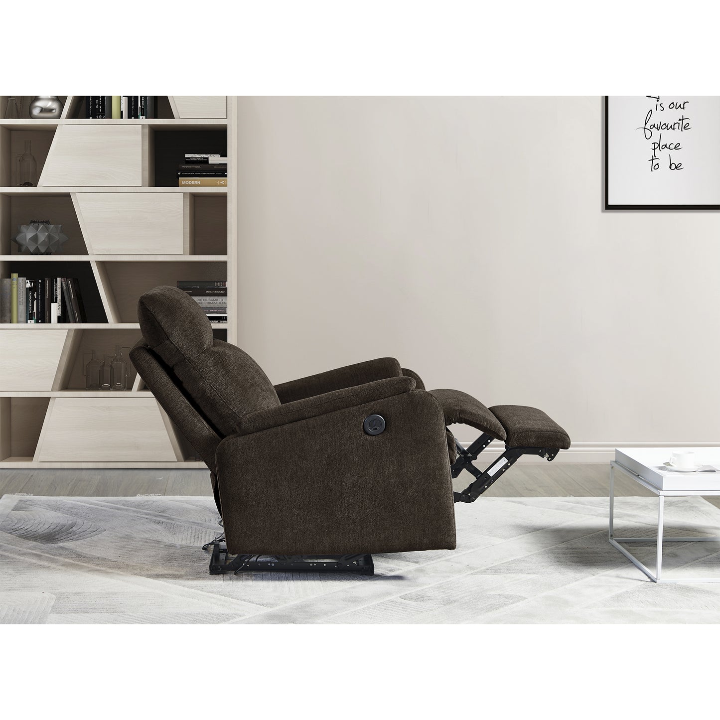 Brown fabric recliner chair with footrest extended and power button