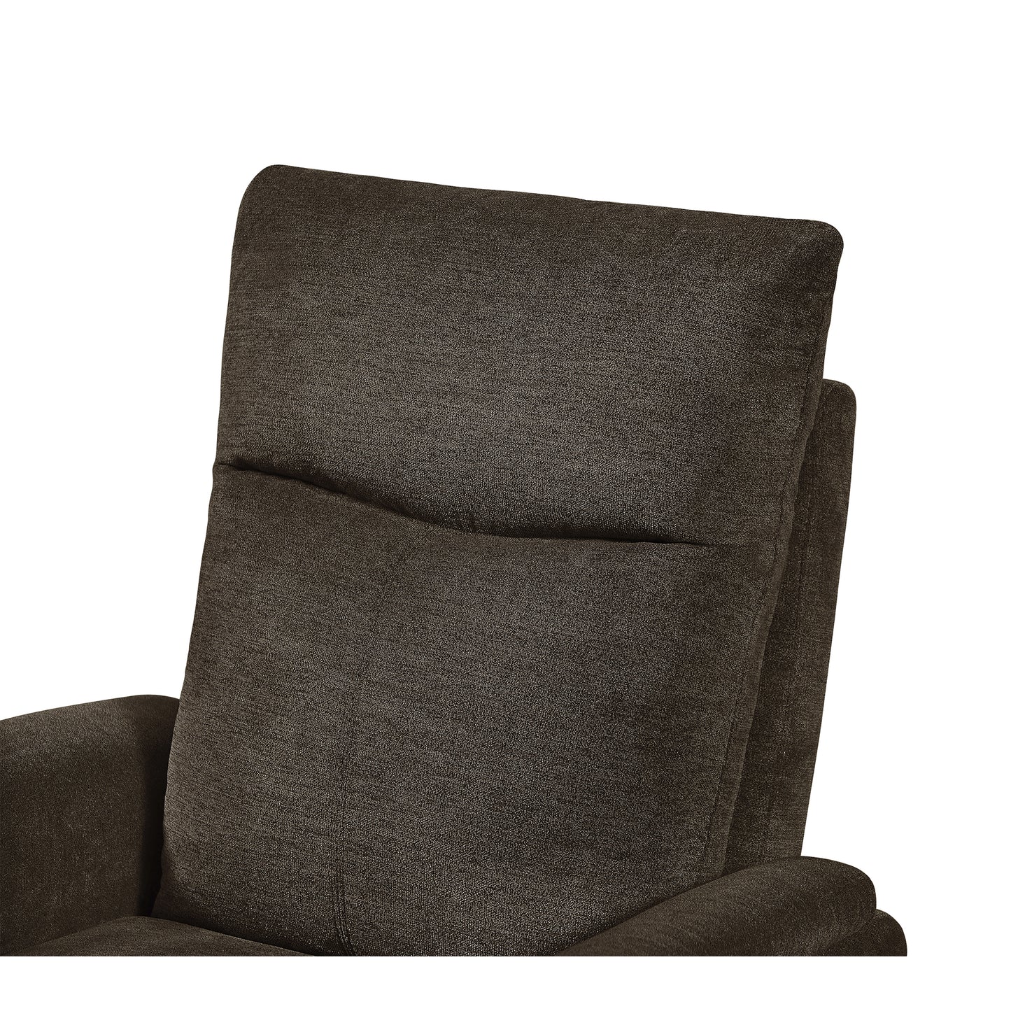 Closeup of dark brown textured fabric on a recliner chair headrest