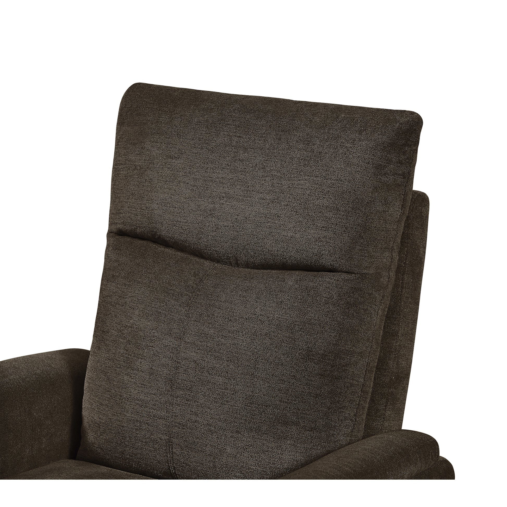 Closeup of dark brown textured fabric on a recliner chair headrest