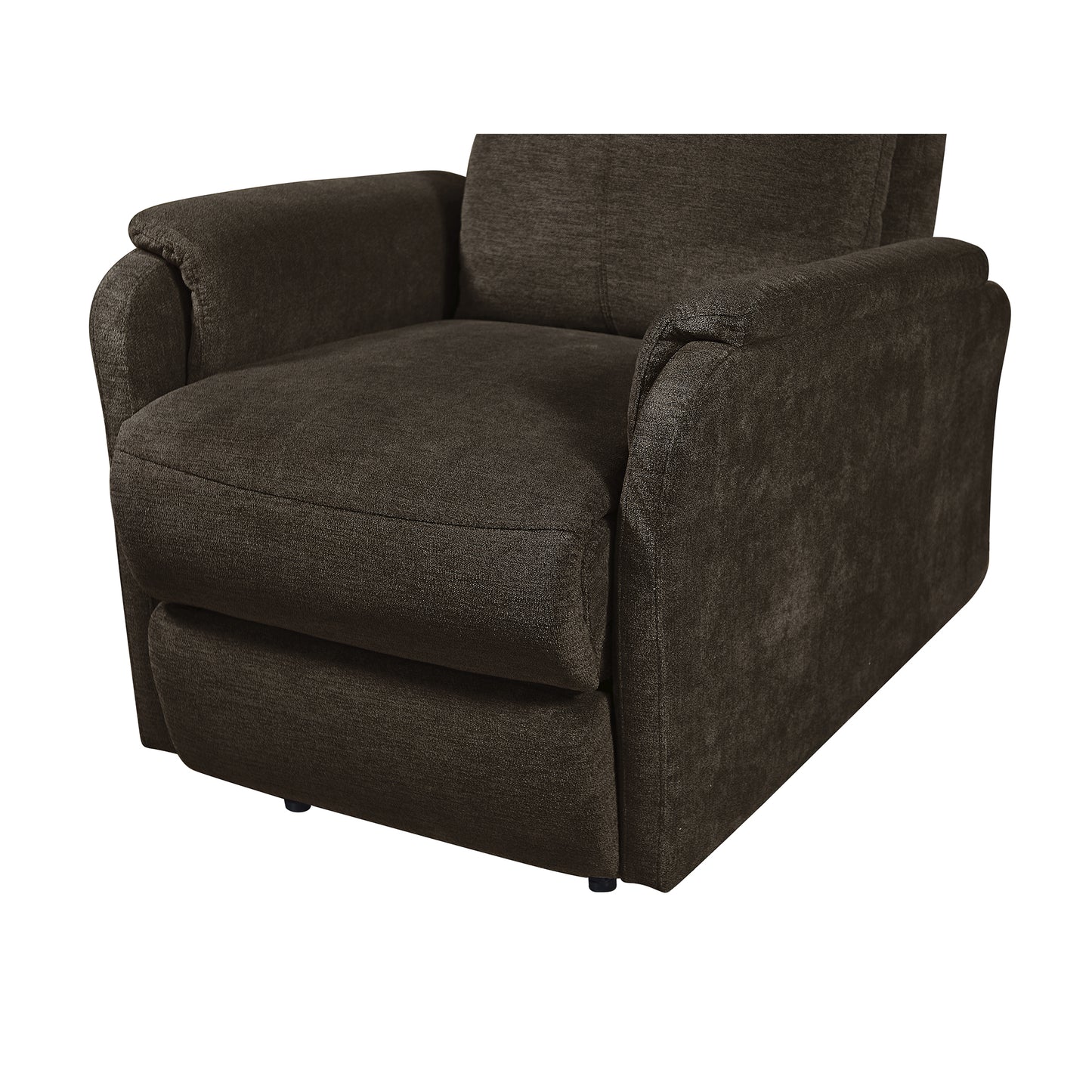 Dark brown fabric recliner chair with padded arms and footrest