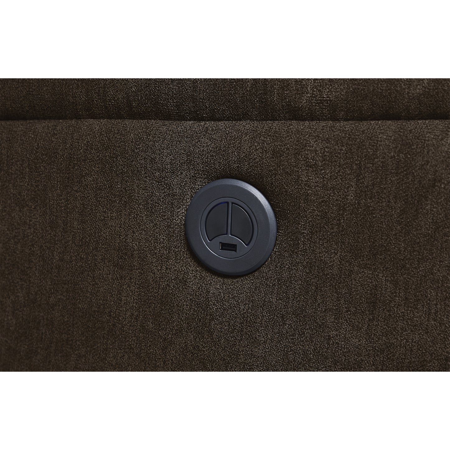 Dark brown recliner control panel with USB port and illuminated buttons