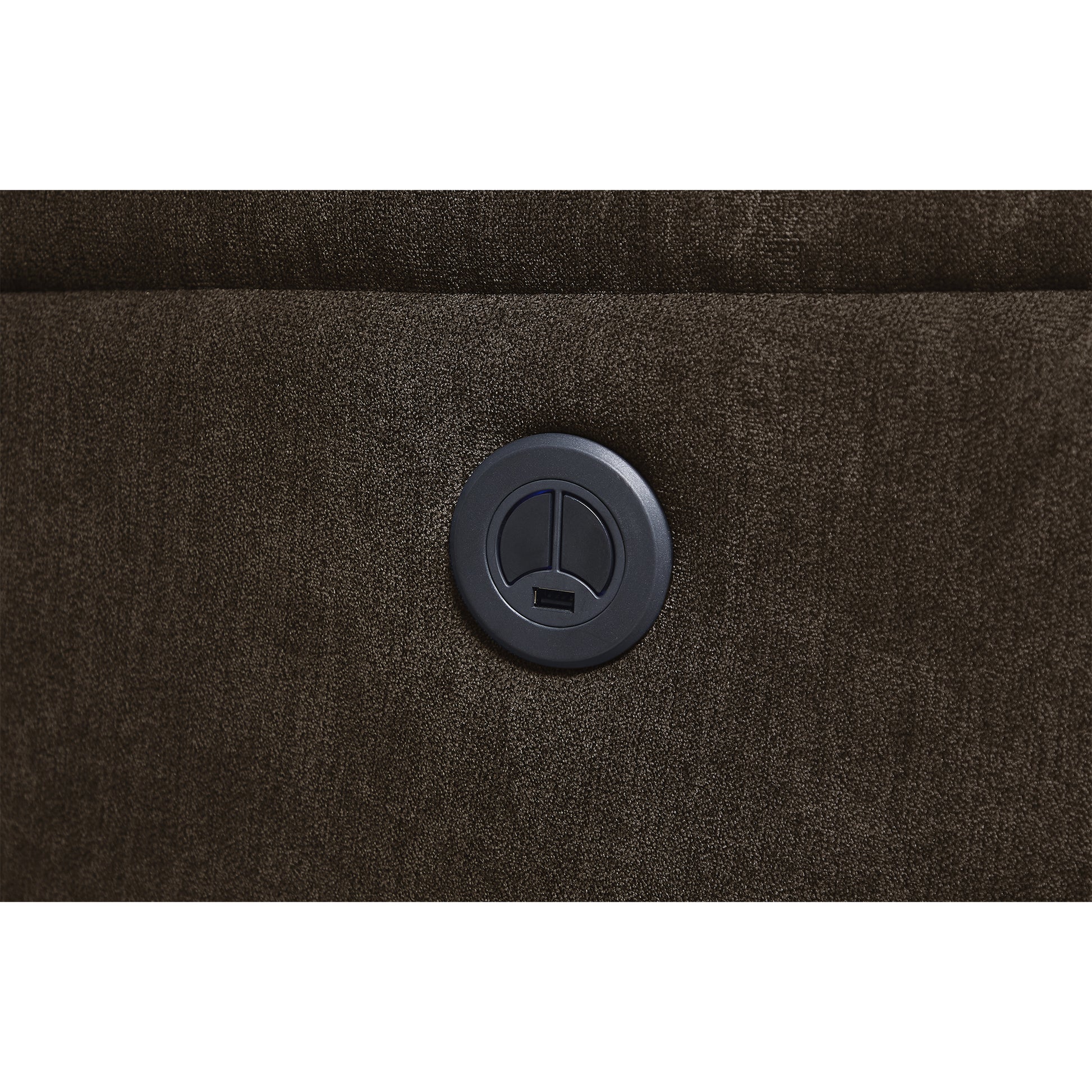 Dark brown recliner control panel with USB port and illuminated buttons