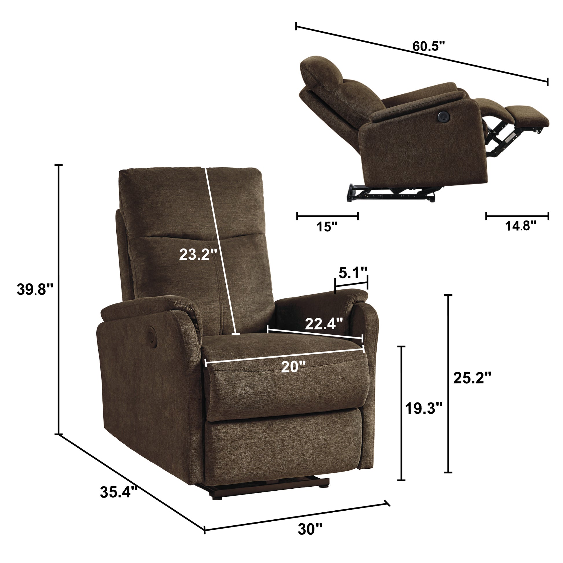 Brown fabric power recliner chair with adjustable footrest and dimensions shown
